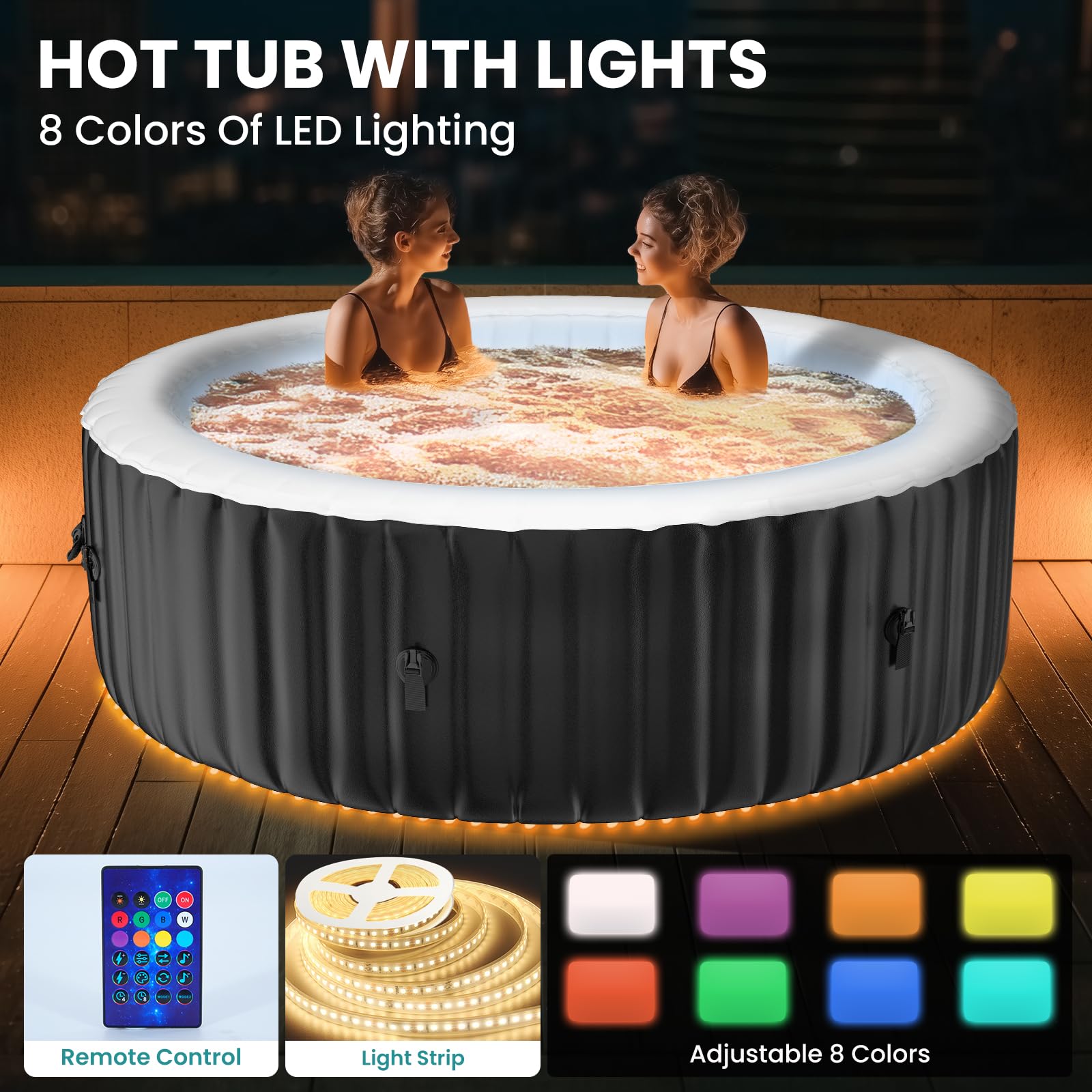 2-4 Person Inflatable Hot Tub with Colour-Changing LED Lights | Large Round Portable Spa with 120 Bubble Jets | Includes Heater Pump, Filter & Insulated Cover | 180L x 180W x 63H cm — view 2