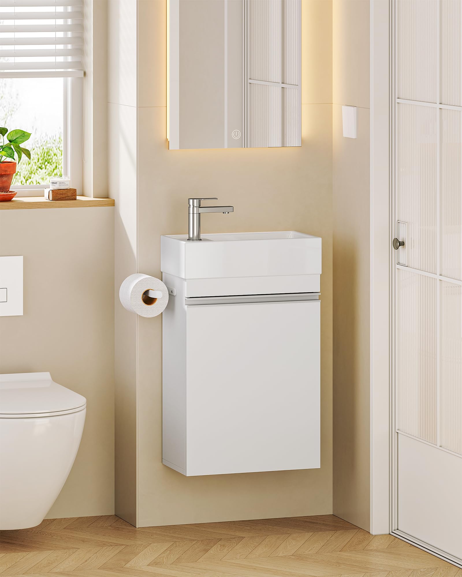 Hzuaneri Meuble Lavabo Suspendu, Lavabo en Céramique, Meuble de Salle de Bain, 1 Porte-Serviettes, 1 Grande Armoire de Rangement, Étagère Réglable, 22 x 40 x 55 cm, Blanc, BC40003X