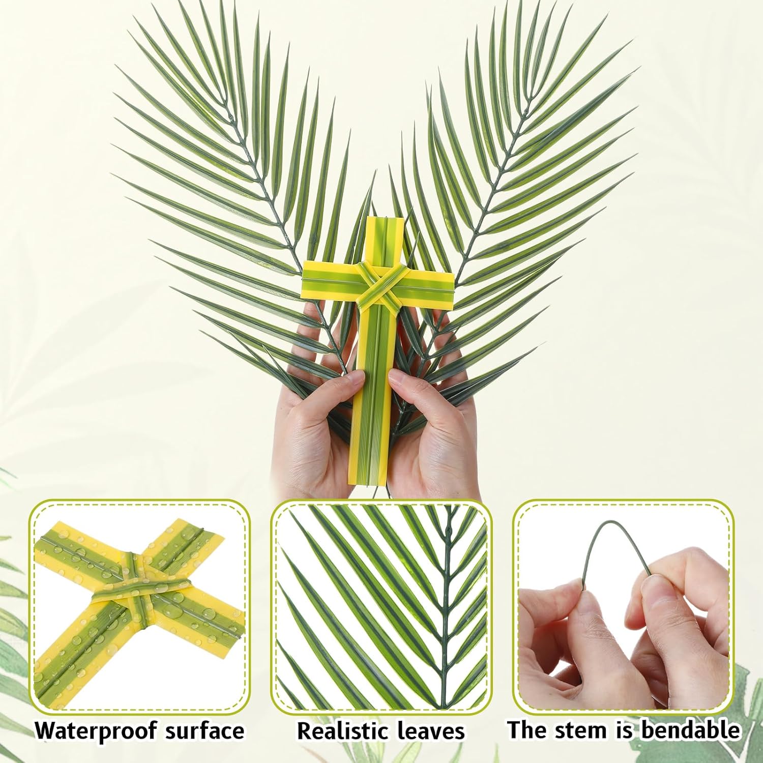Qunclay 60 Pcs 24.8 Inches Artificial Palm Leaves and 7.09 Inches Palm Cross for Palms Sunday Large Faux Plants Holy Week Decor Fronds Fake Tropical Tree Leaves for Easter Church Events Decor