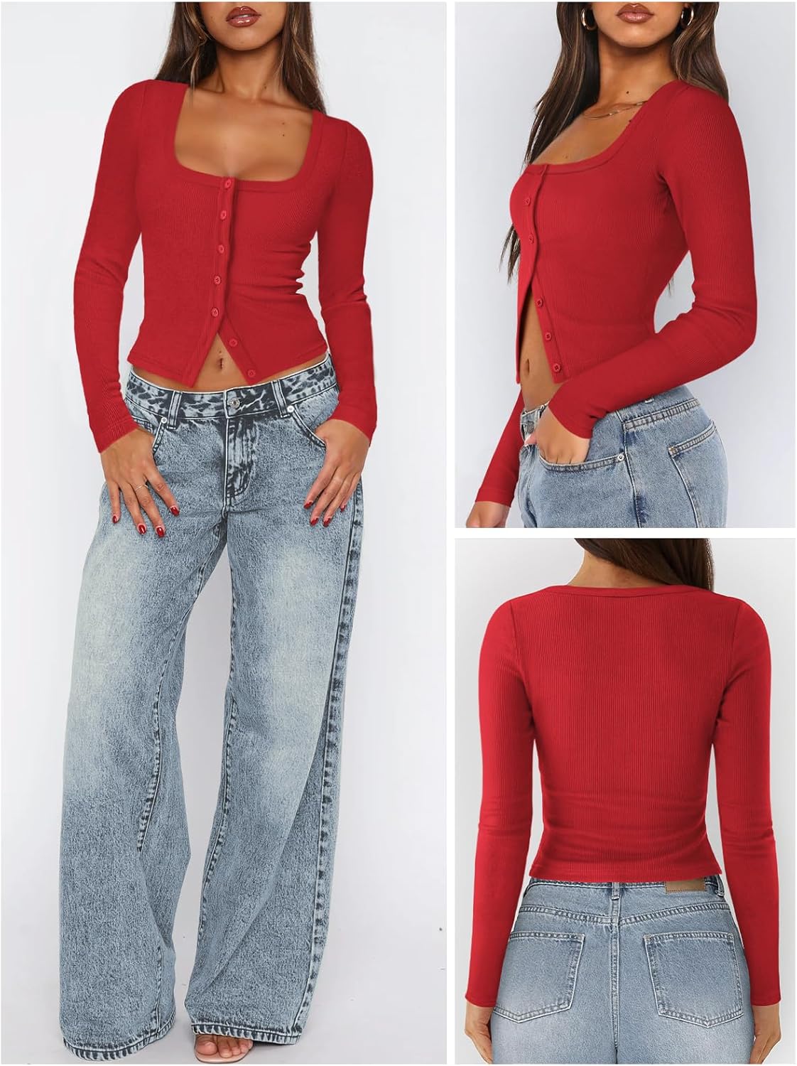 Womens Button Up Tops for Women Knit Ribbed Fitted Button Down Cardigan Long Sleeve Going Out Tops Fall Clothes - Image 2