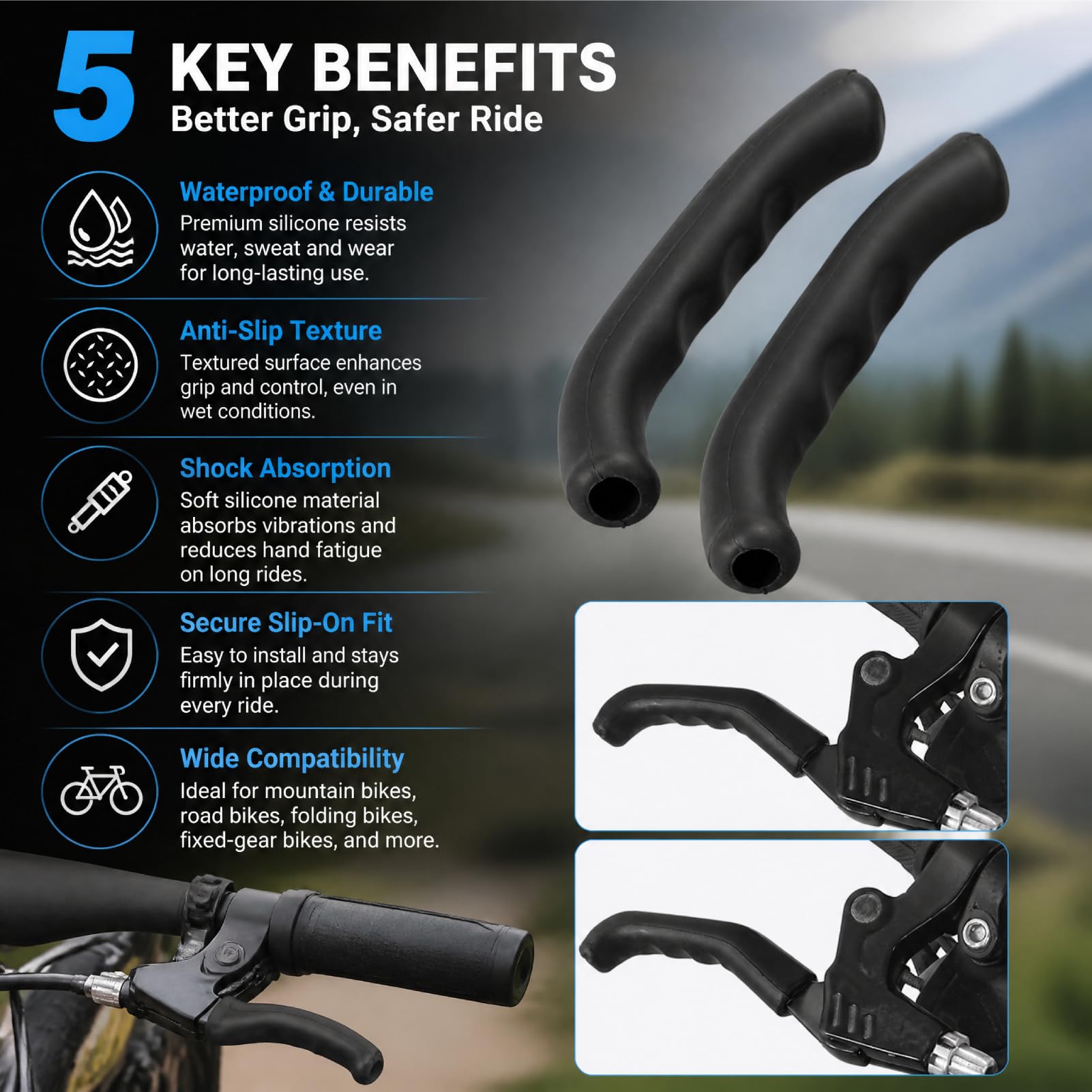 Bike Brake Grips - Anti Slip Silicone Covers -2 Bike Brake Grips - Anti Slip Silicone Covers -2