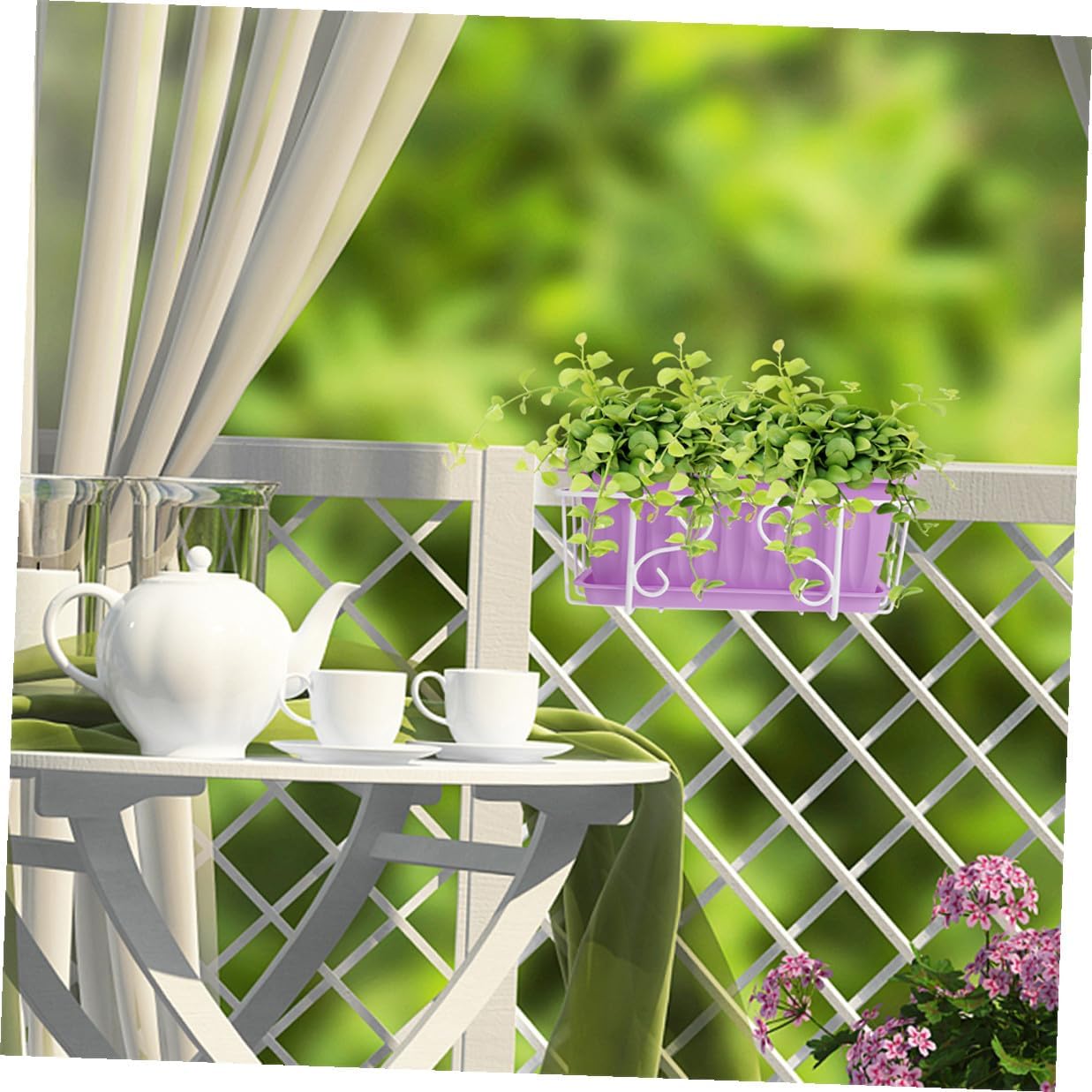 Rectangular Hanging Window Sill Planter Box Set with Purple Flower Pot, White Metal Frame, and Tray for Vegetable and Herb Gardening on Balcony Or Patio