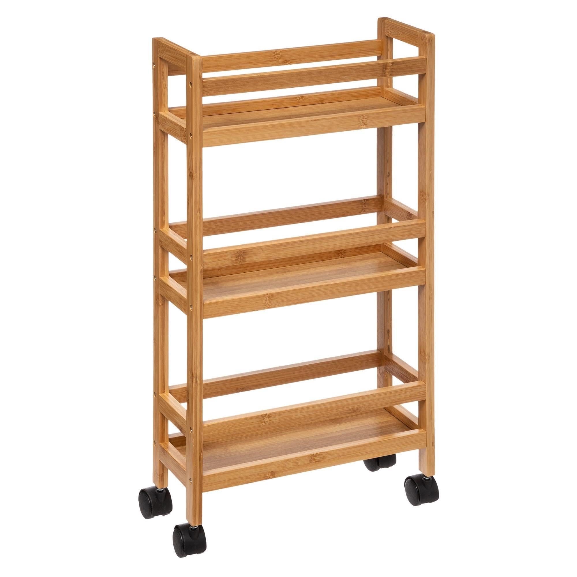 Well Home - Carrello ausiliario in bambù con ruote, 36 x 15 x 74,5 cm, 3 livelli, ideale per cucina, bagno e ufficio, salvaspazio