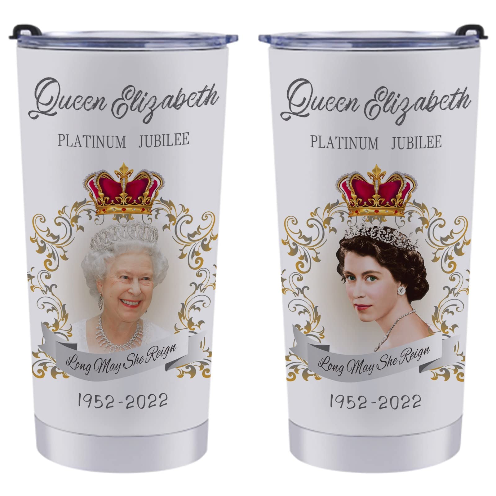 Queen Elizabeth II Platinum Jubilee Souvenirs Insulated Tumblers 20 Oz, Queen Elizabeth Gifts, Queen Elizabeth 70 Years Tumbler with Lid, Stainless Steel Double Wall Vacuum Insulated Coffee Travel Mug