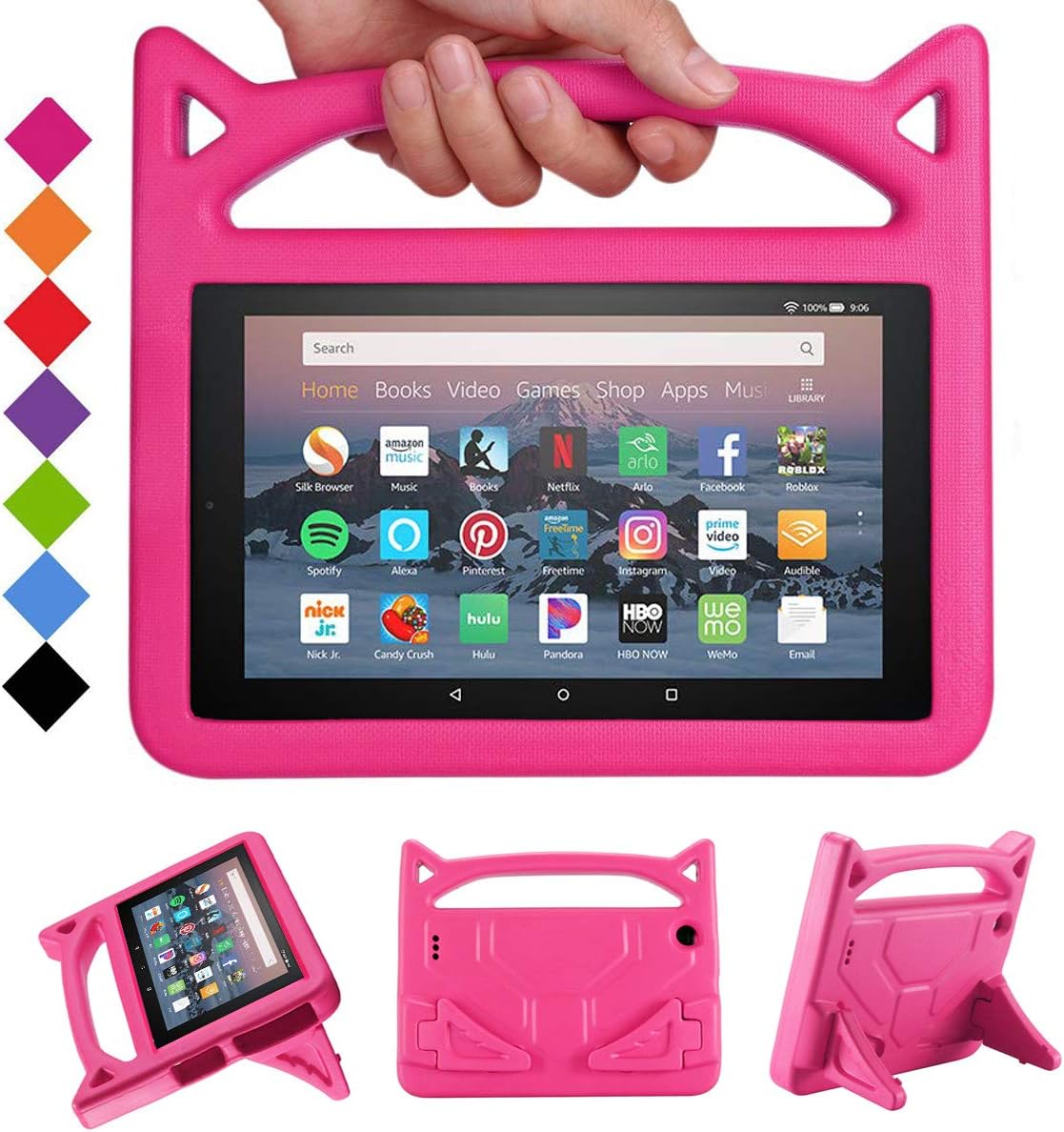 Kids Case for All-New Amazon Fire HD 8 Tablet (Previous Generation - 8th))-SHREBORN Light Weight Kid-Proof [Kids Friendly] Case Cover with Handle Stand-Rose