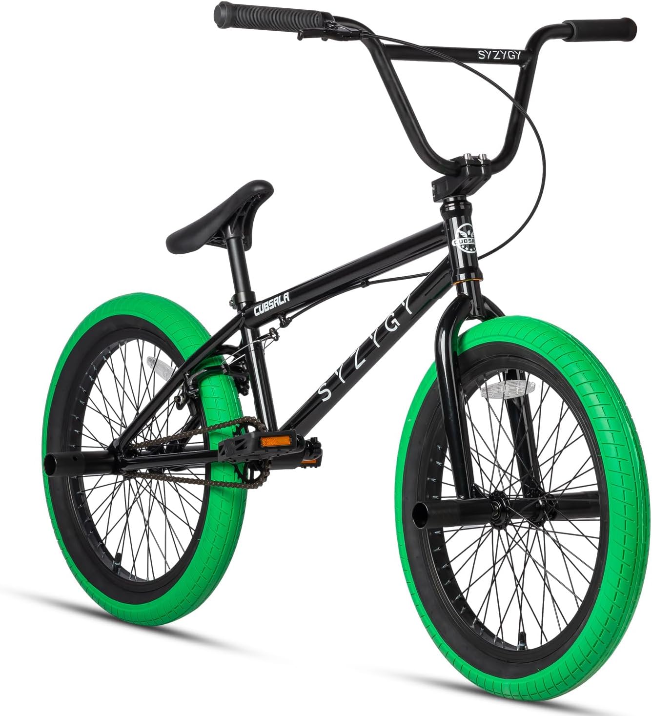Syzygy 20 Inch Freestyle BMX Bike Bicycles for Ages Over 6 Years Old Teen Beginner and Adult Riders, Bright Black with Green Tires