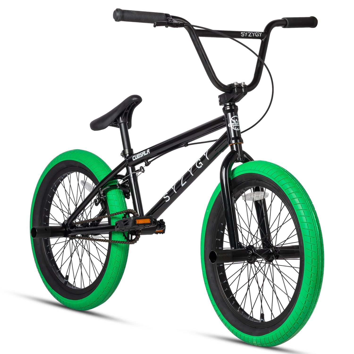Syzygy 20 Inch Freestyle BMX Bike Bicycles for Ages Over 6 Years Old Teen Beginner and Adult Riders, Bright Black with Green Tires