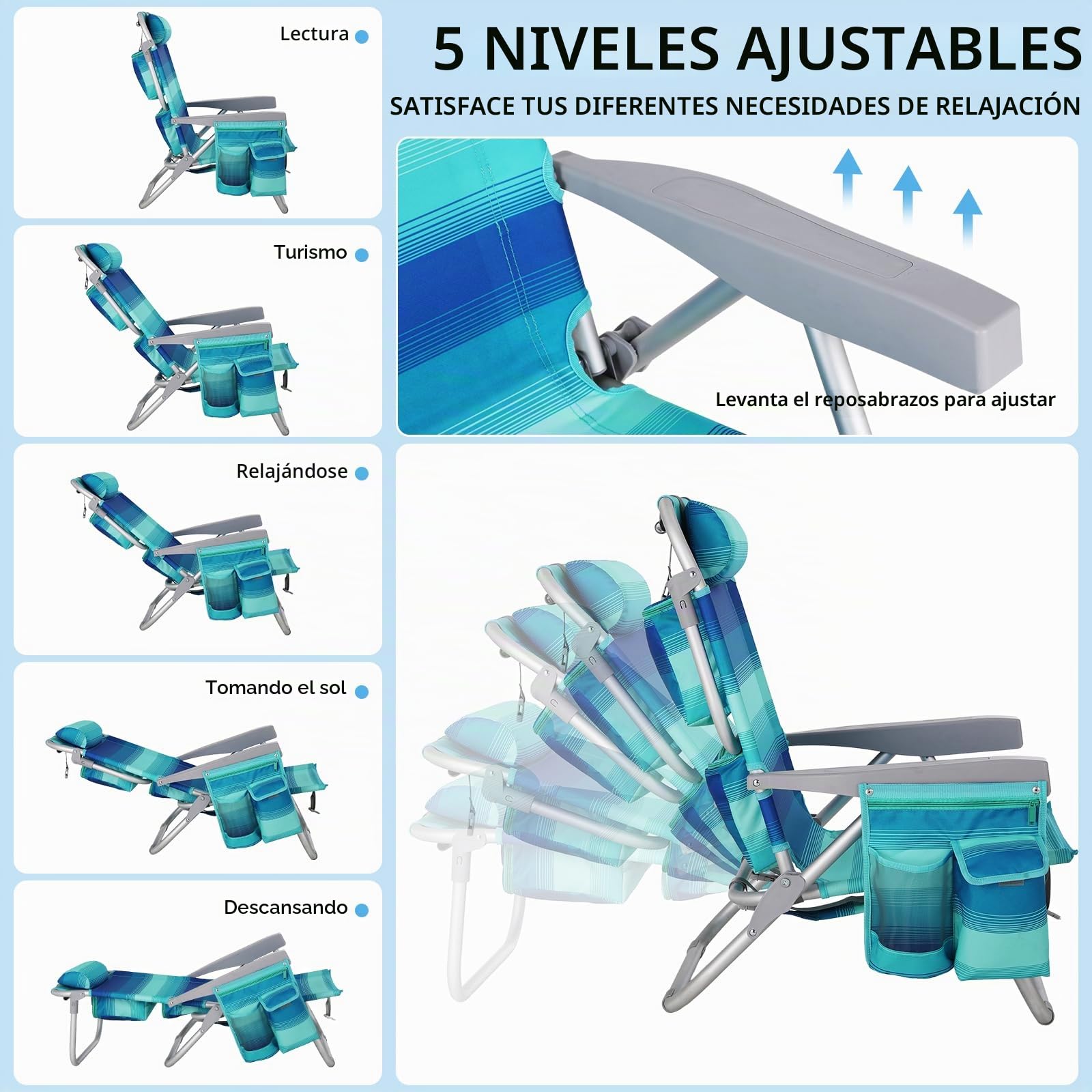 LIFERUN Silla de Playa Plegable de Aleación de Aluminio, Silla Plegable Ligera y Portátil como Mochila, Silla de Camping, Reclinable, Capacidad de Carga de hasta 150 kg, Silla Plegable de Exterior