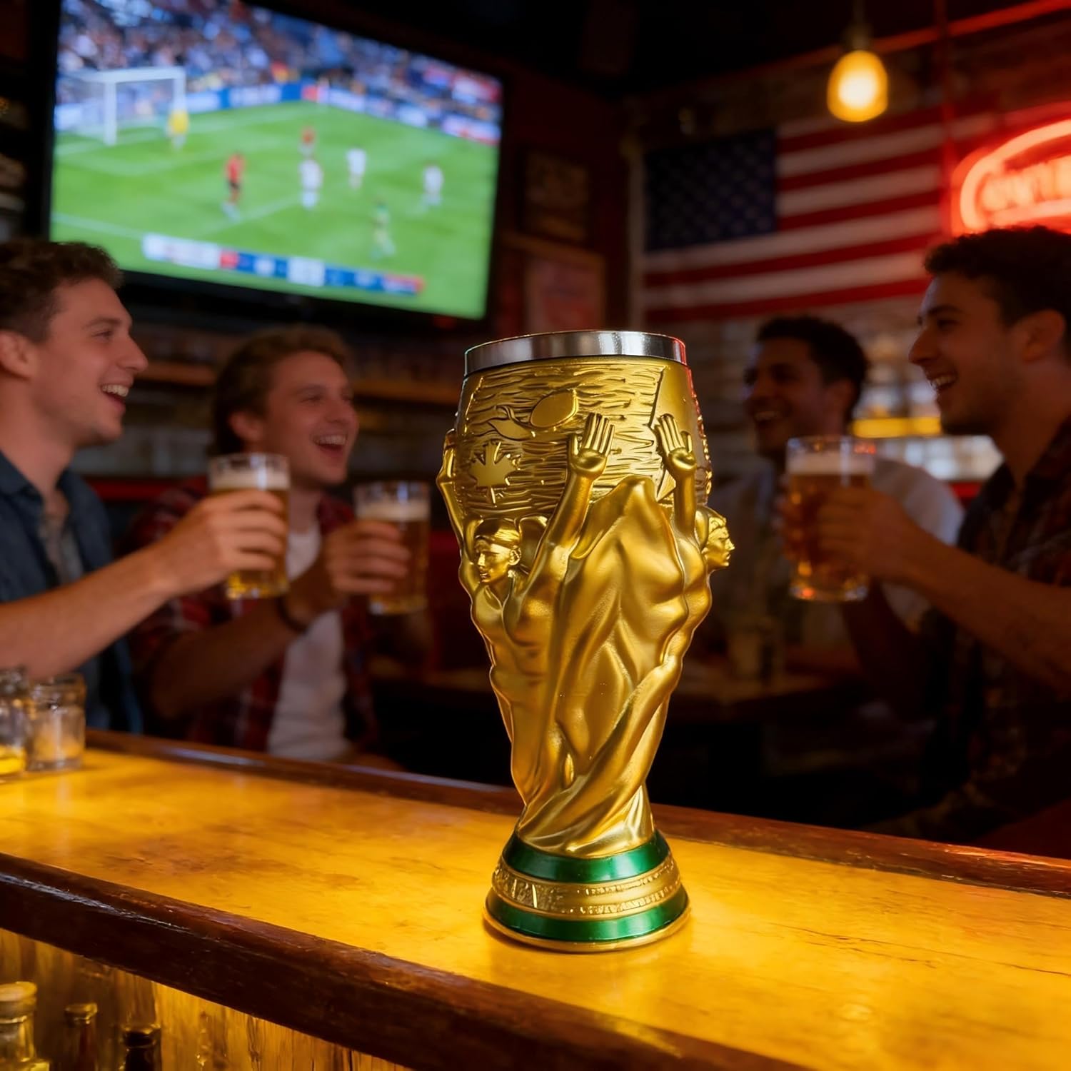 Soccer Trophy Shape Beer Mug, 350ml 304 Stainless Steel Liner, For Men, Dad &Soccer Fans, Suitable for Game Day &Watch Party