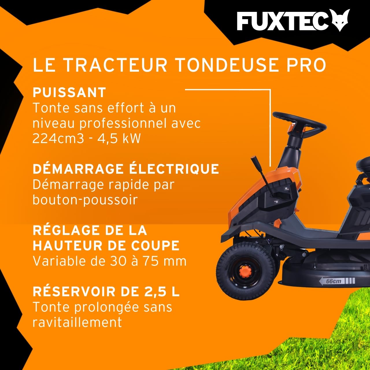 Tondeuse Thermique autoportée FUXTEC FX-RMR66, Tracteur de pelouse eStart, 2500 m2, Largeur de Coupe 66 cm, 6 CV, bac 150 L, Hauteur de Coupe réglable, pour Grandes Surfaces