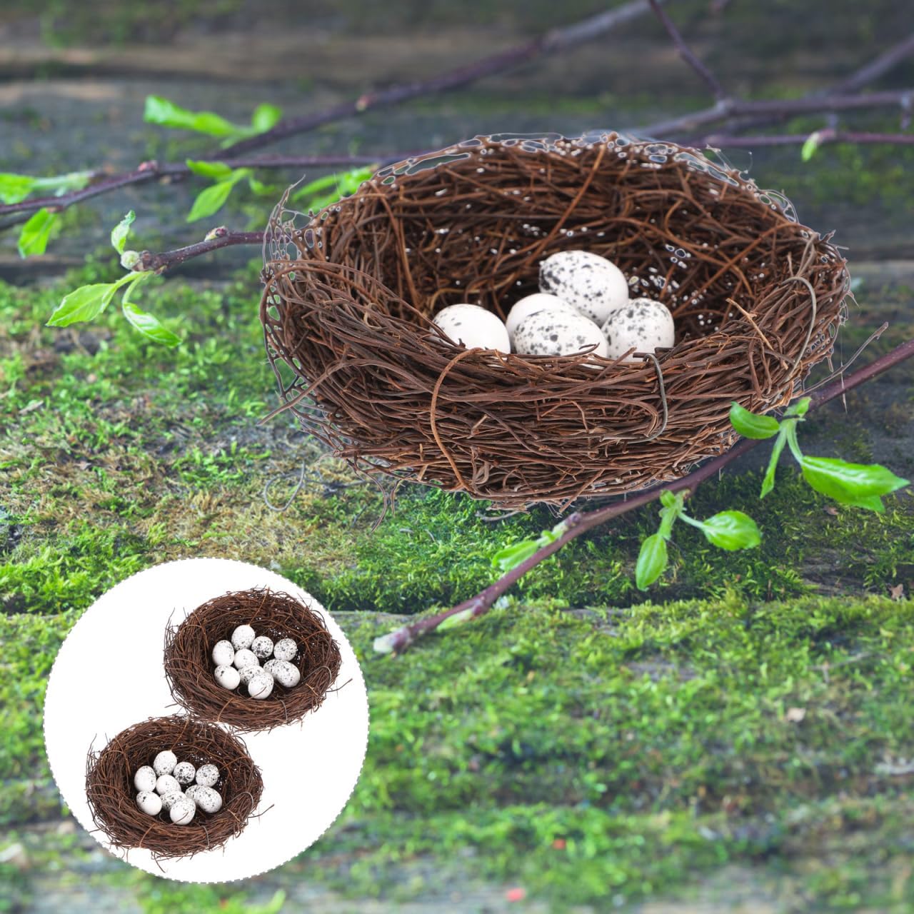 PRETYZOOM Easter Bird Nest Decoration Set - 2pcs Simulation Rattan Bird Nest with 10 Foam Eggs, DIY Craft Kit for Home Decor, Party, and Arts