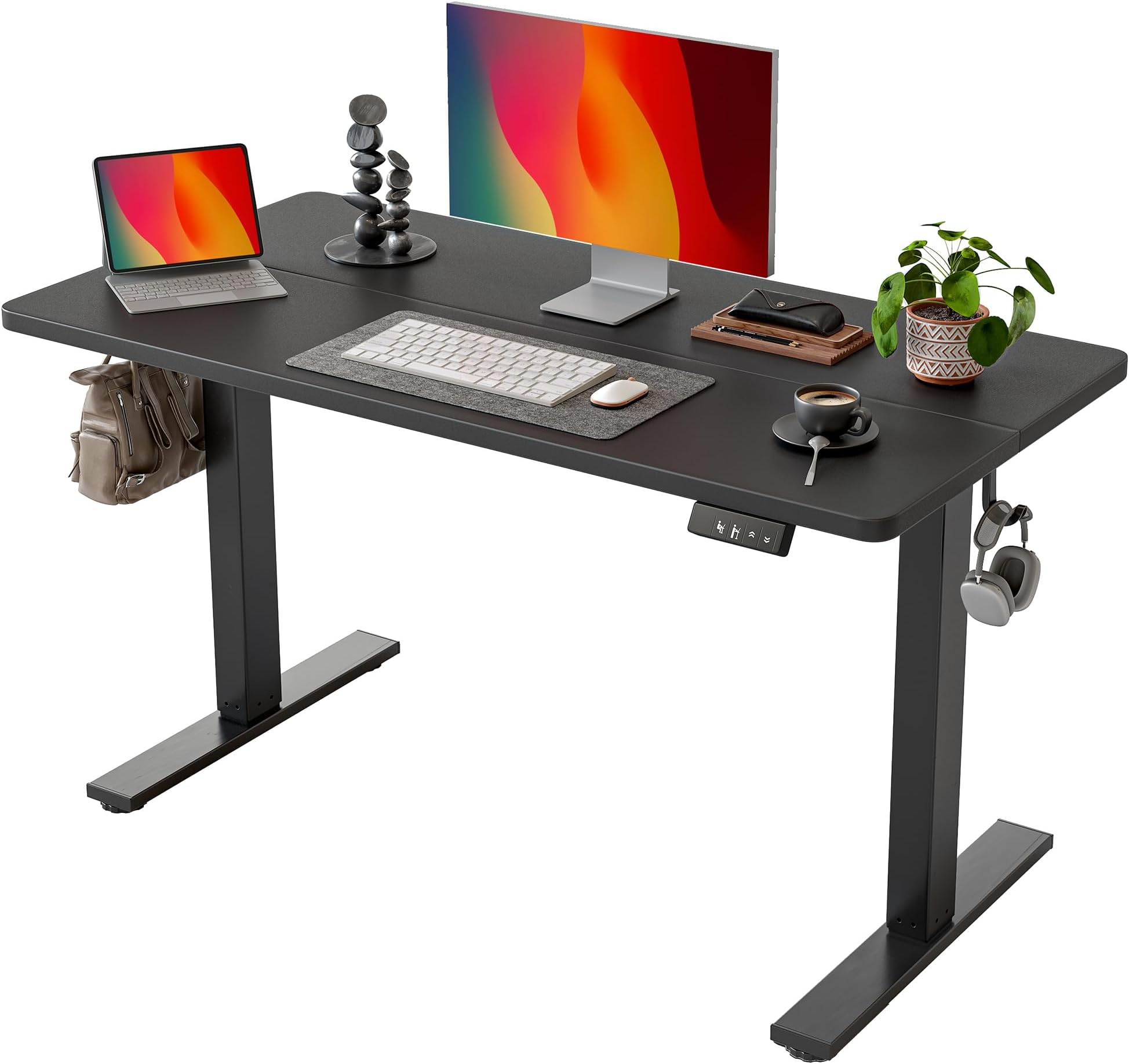TIQLAB Standing Desk 47 x 24 inch, Electric Height Adjustable Desk with Splice Board, Stand Up Desk, Sit Stand Computer Desk for Home Office, Black Frame/Black Top