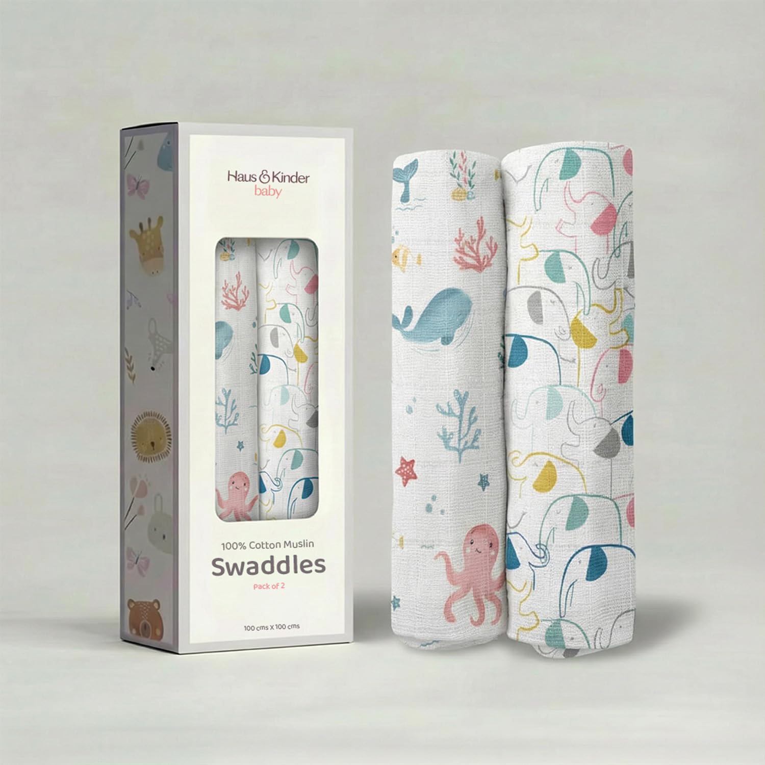 Haus and Kinder 100% Cotton Muslin Swaddles Wrap for Newborn Baby - Soft Swaddle Cloth for New Born, Muslin Baby Swaddle Wrap for New Born, New Born Swaddle, 100x100 cm, Pack of 2, White, Octopus-image-0