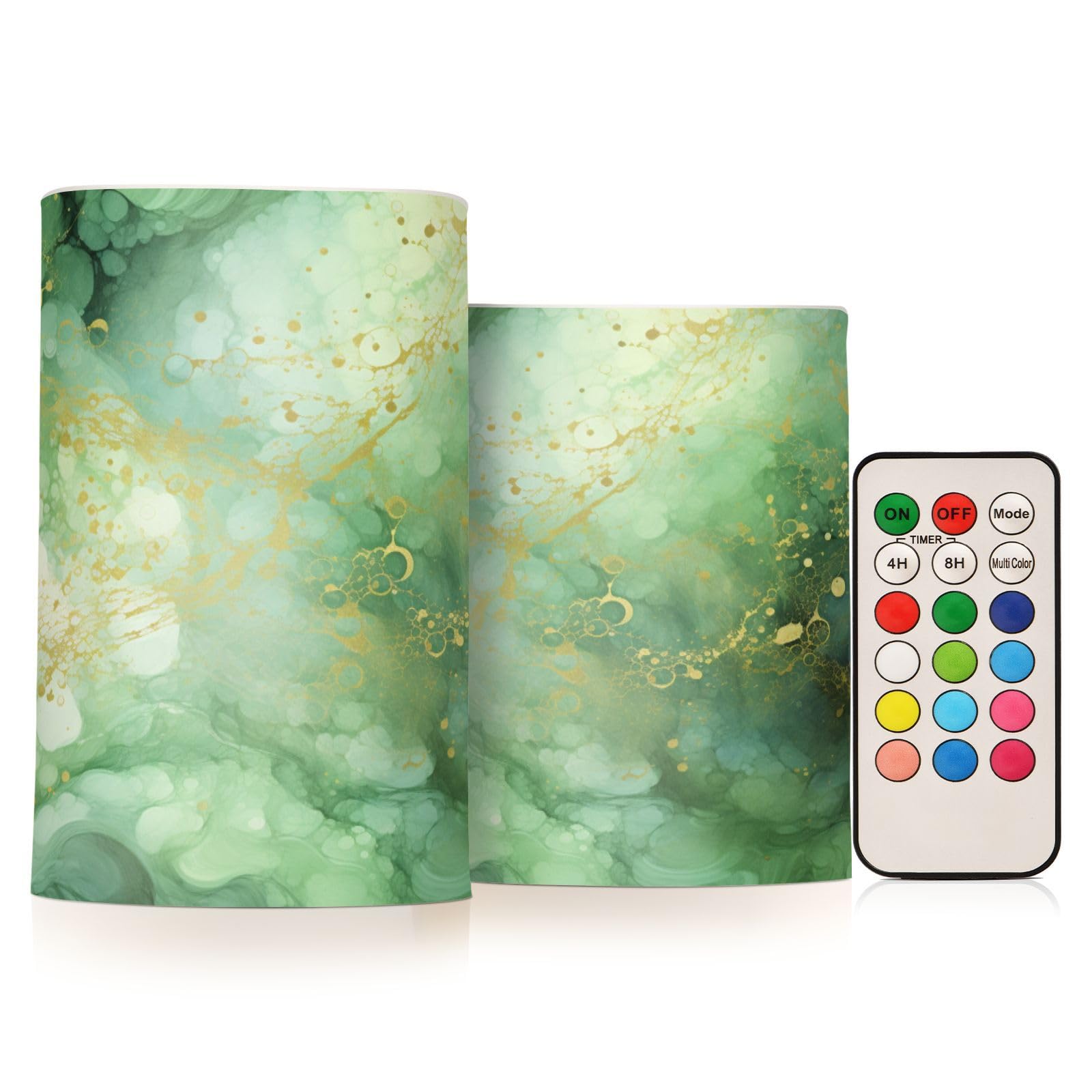 Flickering Flameless Candles Green Marble LED Candles with Remote Timer Set of 2 Battery Operated Candle Home Decoration