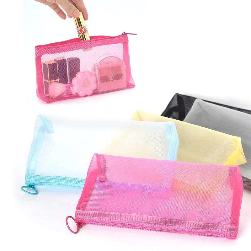 Patu Necessaire de Tela Mesh com Zíper, Estojo Longo Alargado, Pacote com 5, Cores Sortidas