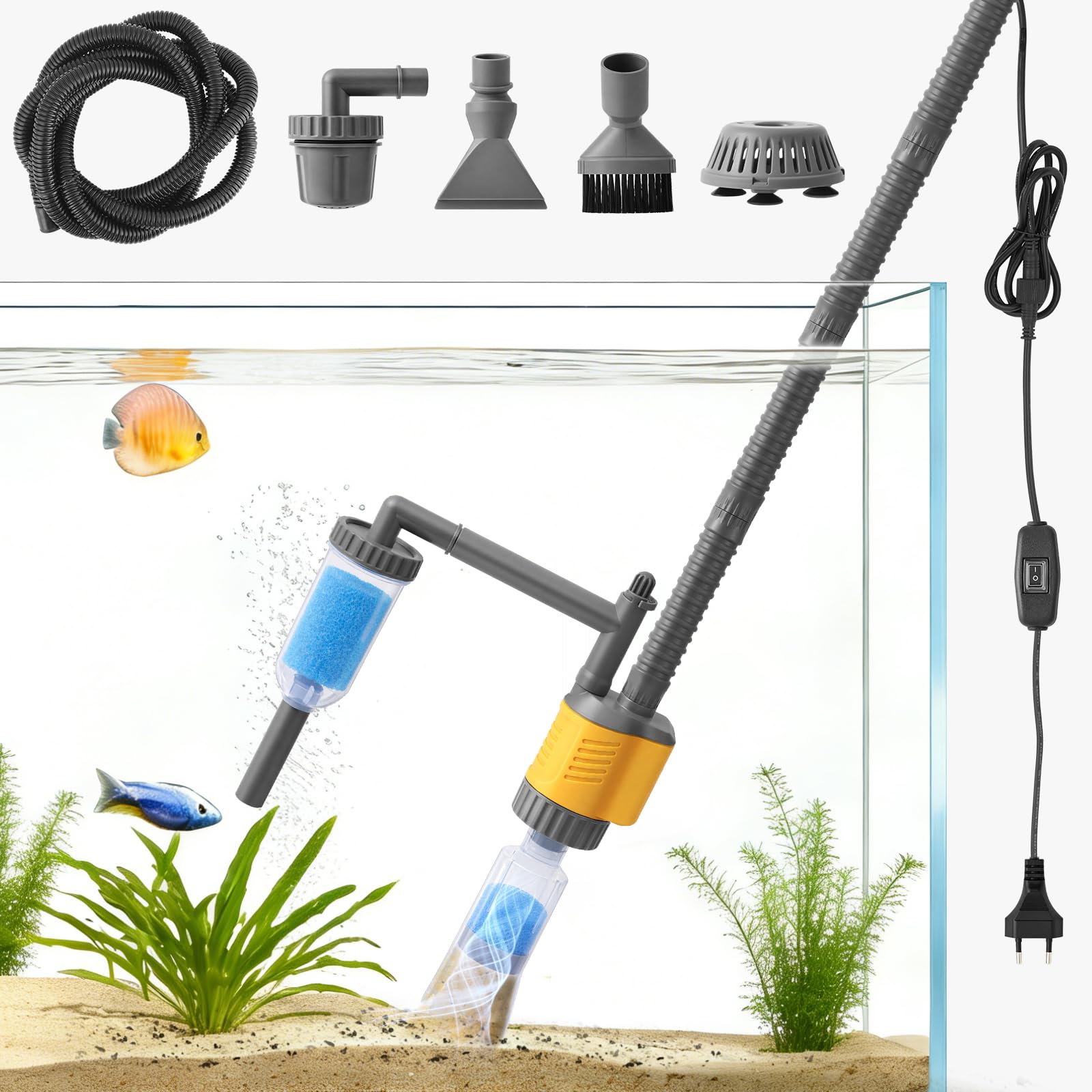 Aspirateur Électrique Pour Aquarium, 1200LPH Nettoyage Gravier 8 En 1 Amovible, 20W Aspiration Puissante Pour Changer l’Eau, Laver Le Sable, Éliminer Les Algues Et Circuler l’Eau