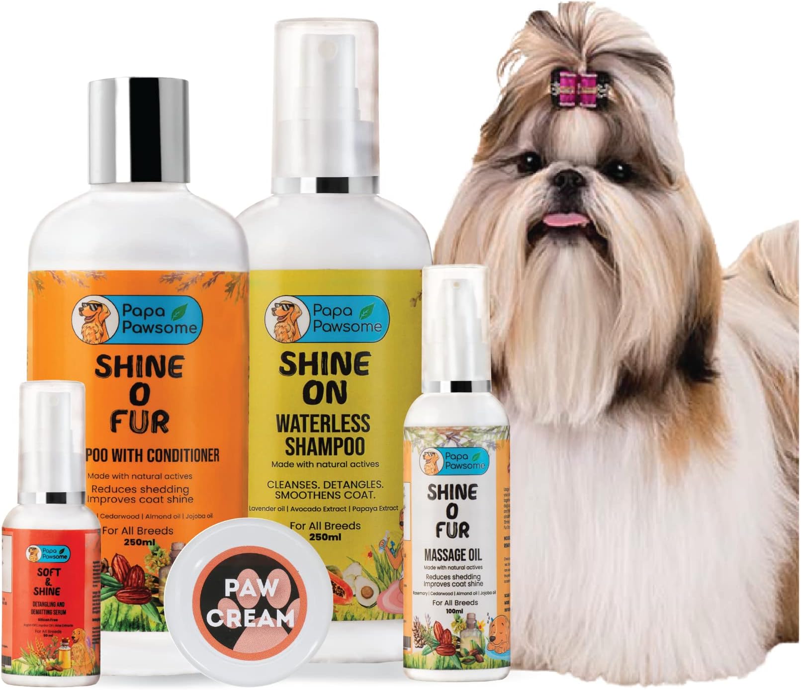 Papa Pawsome Complete Grooming Kit for Dogs - Shih Tzu | for Long/Drop Coat Breeds | 5-in-1 Combo Pack | Made with Natural Ingredients | for Healthy, Shiny & Smooth Dog Hair | for Dog Paw Care