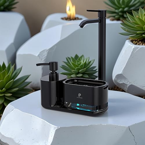 Miniatura 2 de Juego de dispensador automático de jabón para lavavajillas, bomba de jabón doble satisfactoria, bandeja de esponja premium, organizador de fregadero