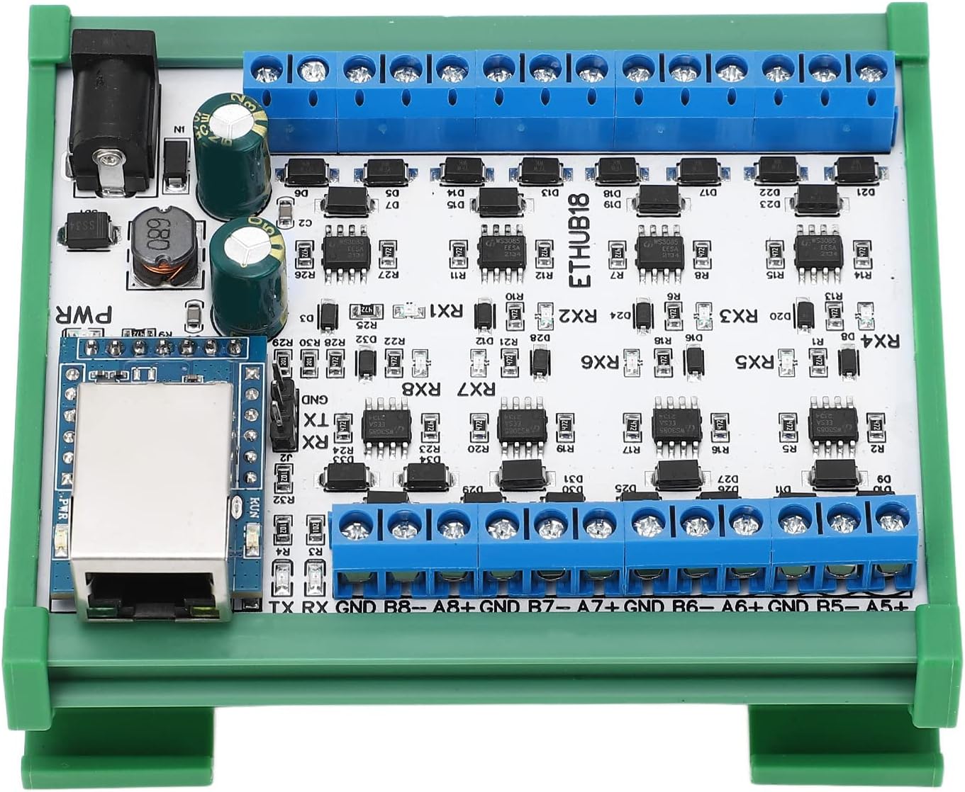 RJ45 to 8 RS485 Hub Converter Module with TVS Protection Adjustable Baud Rate up to 230400BPS Wide Compatibility for Security Monitoring Smart Home Systems DIN35 Rail Mount (BLUE2)