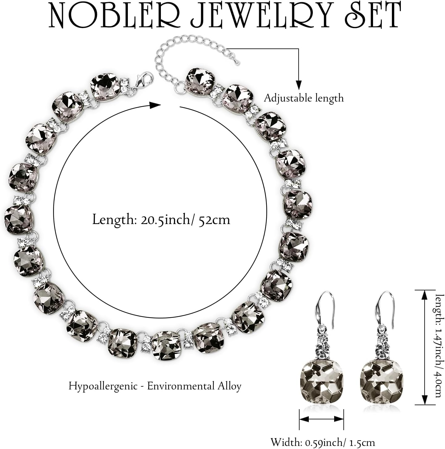 Grey/Blue Austrian Crystal Wedding Bridal Jewelry Set for Brides Bridesmaid, Gemstone Statement Necklace and Earring Set Formal Prom Jewelry Set for Silver-Tone Fit With Evening Dress - Image 3