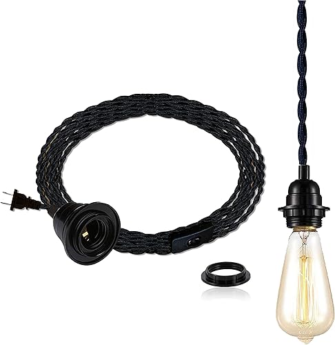 Cable de luz colgante negro con enchufe de 15 pies, kit de luz colgante de techo industrial vintage con interruptor de cuerda de cáñamo trenzado,