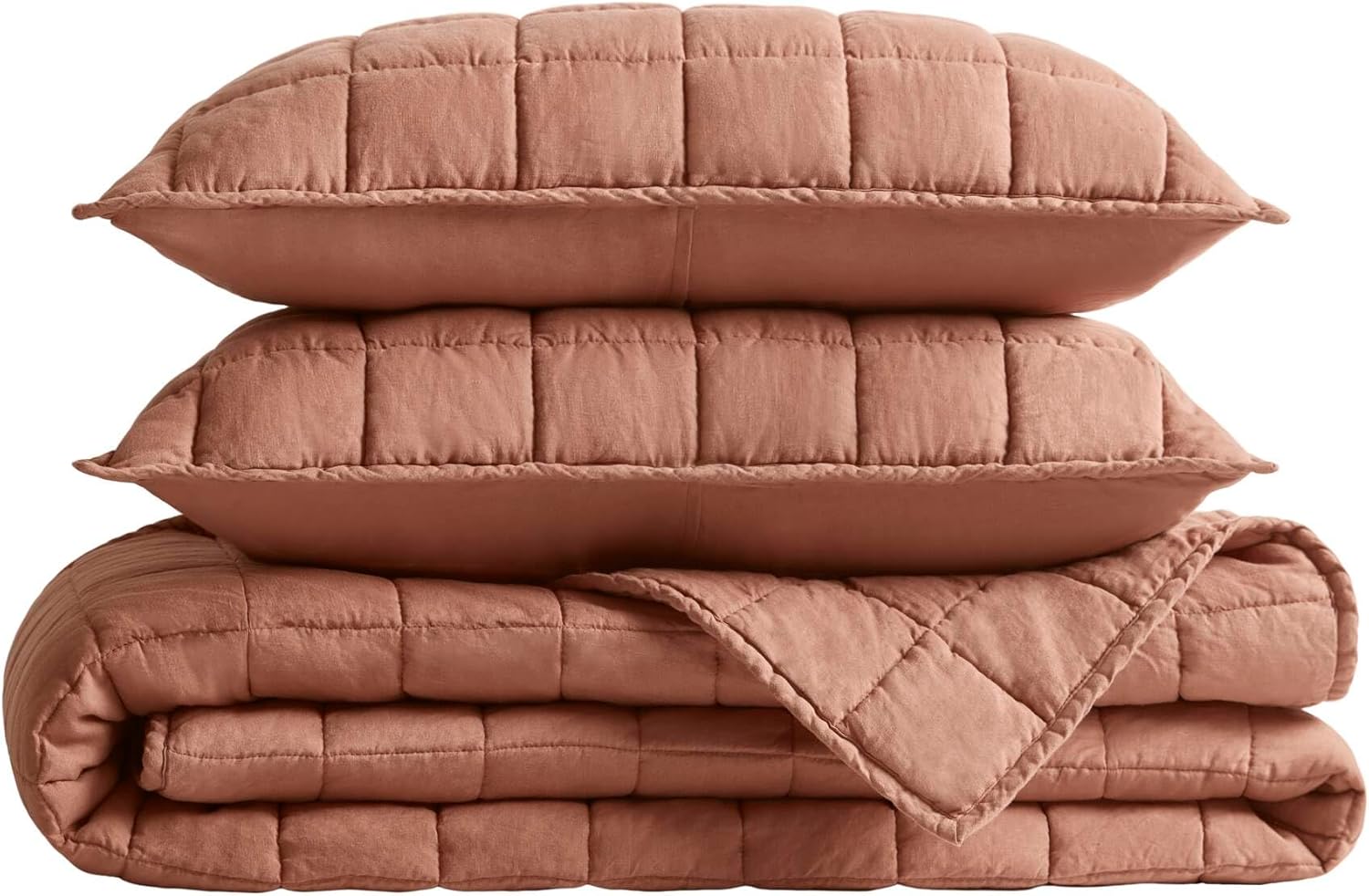 Harbor House French Flax Linen Garment Washed Quilt Set – 100% Linen Front & Back, All-Season, Breathable & Temperature-Regulating, Box Quilted, Includes Shams, King 108 x 92, Clay