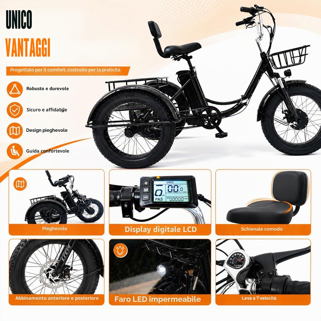 Triciclo Elettrico a Pedalata Assistita Da 20 Pollici - Pieghevole,Con Pneumatici Larghi,Cestini Portapacchi Anteriori E Posteriori,Display Digitale Lcd,Triciclo Elettrico per Adulti,Massima:200 Kg