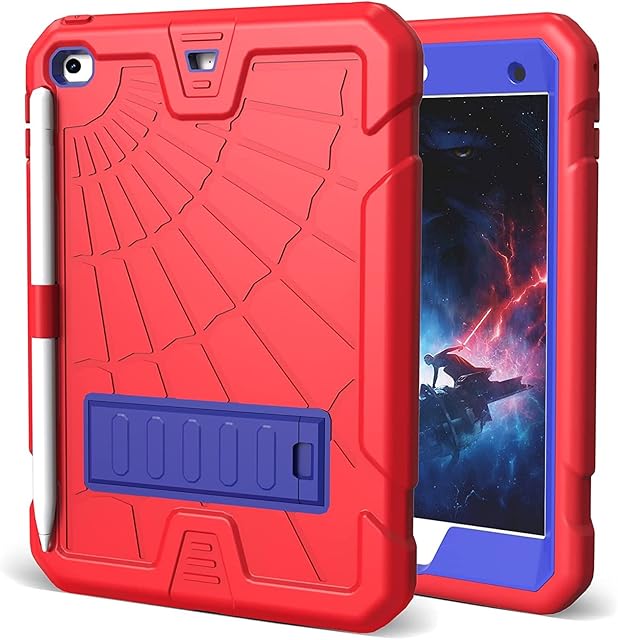 HERIZE iPad Mini 5/4 Case for Kids | iPad Mini 5th/4th Generation Case 2019/2015 with Pencil Holder | iPad Mini Case 7.9 inch with Kickstand | Heavy Duty Rugged Mini 5/4 Cover for Boys Girls Red+Blue