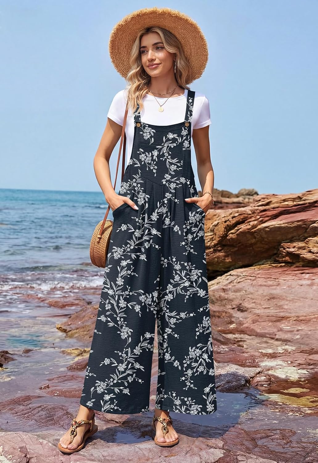 Anyally Womens Casual Jumpsuits Loose Wide Leg Overalls Summer Sleeveless Adjustable Strap Rompers with Pockets