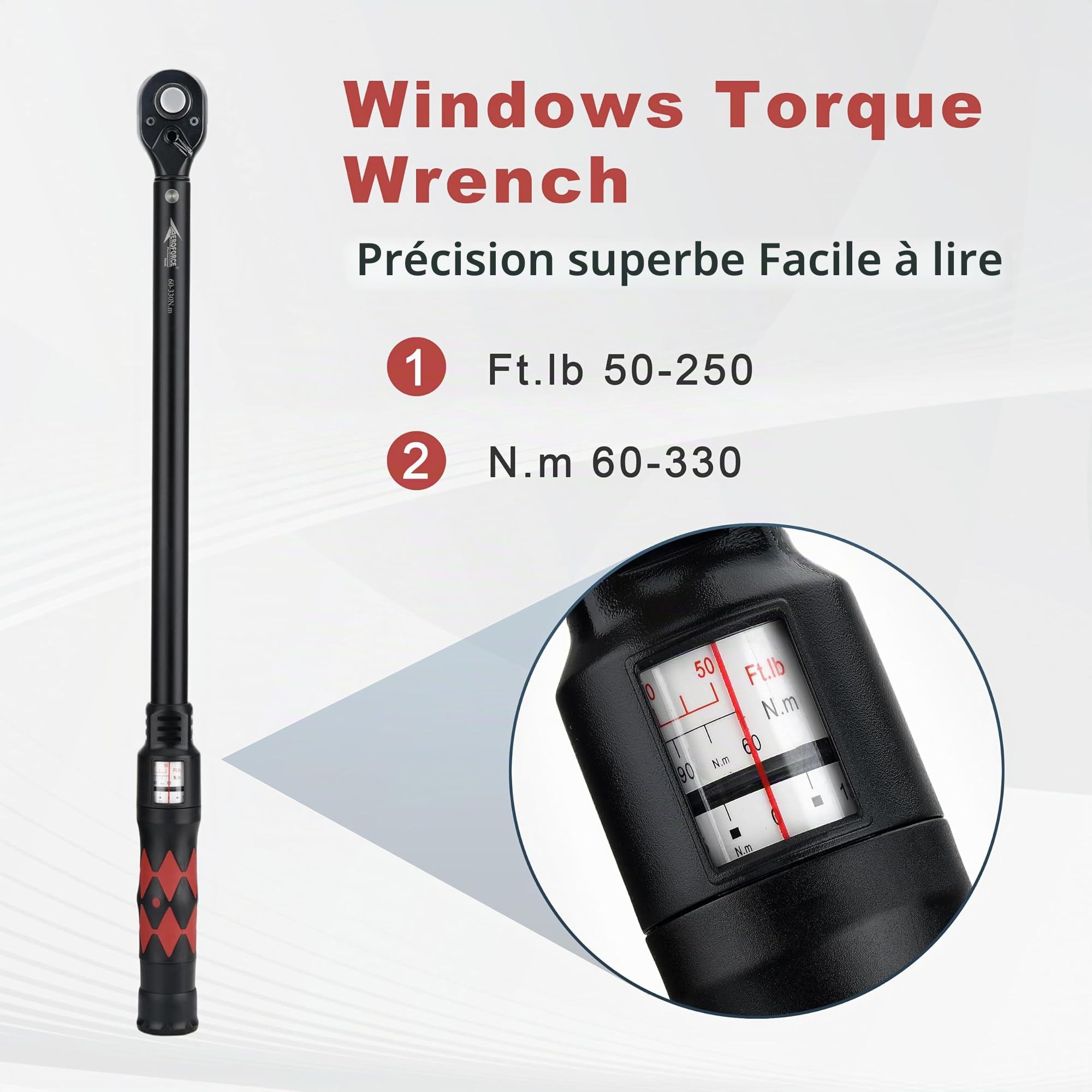 AEROFORCE Clé Dynamométrique 1/2" 60-330NM Précision ±3% 72 Dents Clé à Cliquet Réversible