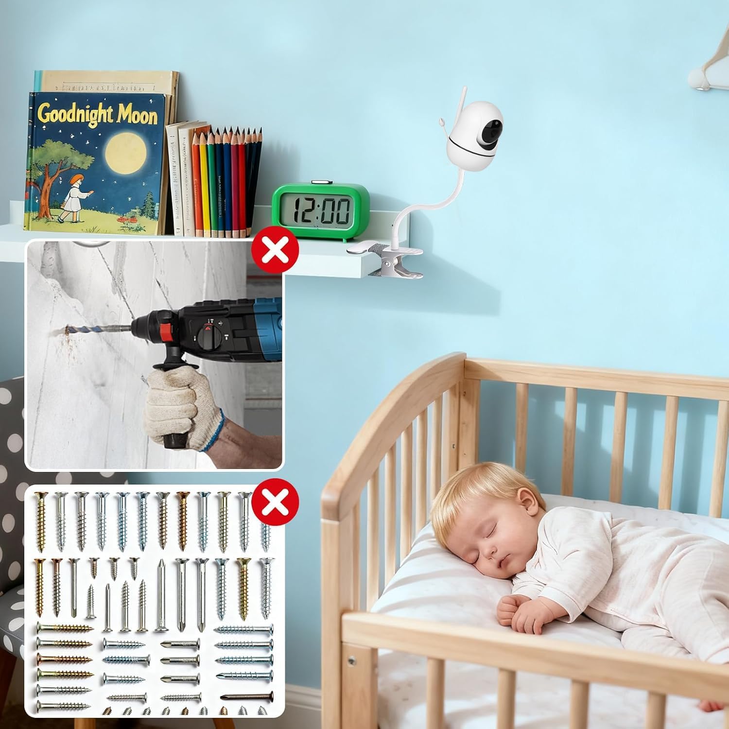Support pour Moniteur bébé GHB, Support Babyphone Universel pour GHB/Vtech/ieGeek/Phi-Lips - Mise en situation et utilisation