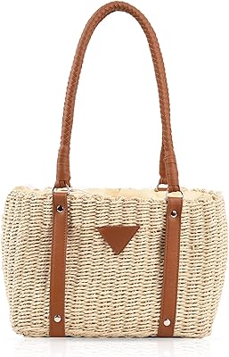 QTKJ Beach Bag for Women, Handwoven Straw Bag, Square Leather Shoulder Strap Beach Tote Leather Shoulder Strap Designer Handbags for Vacation Travel Work(Beige)