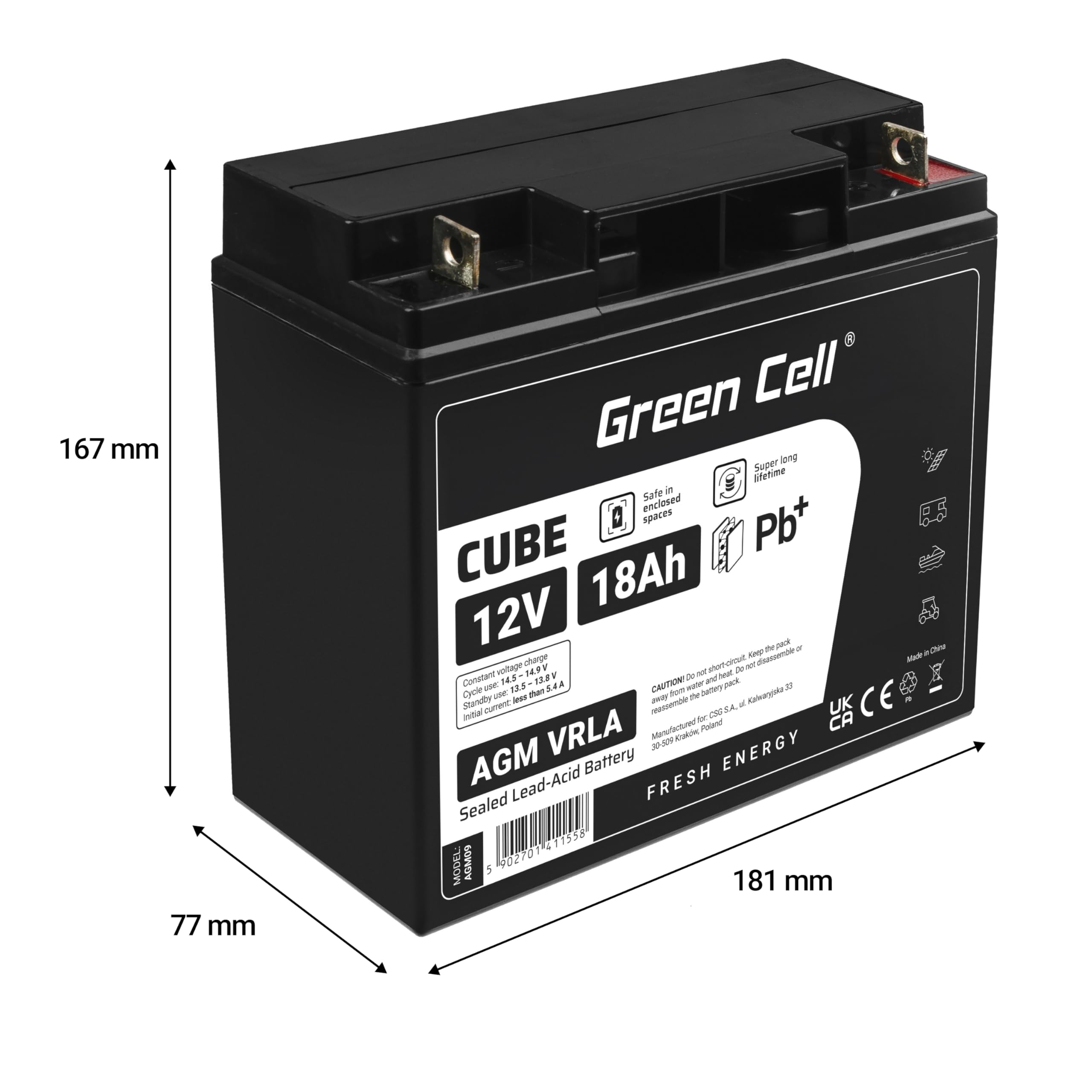 Green Cell® AGM 12V 18Ah Akku Vlies Batterie VRLA Blei Batterie Bleiakku Ersatzakku Akkubatterie Versorgungsbatterie Zyklenfest Wartungsfrei Caravan Rollstuhl Solarbatterie Solarpanel Scooter