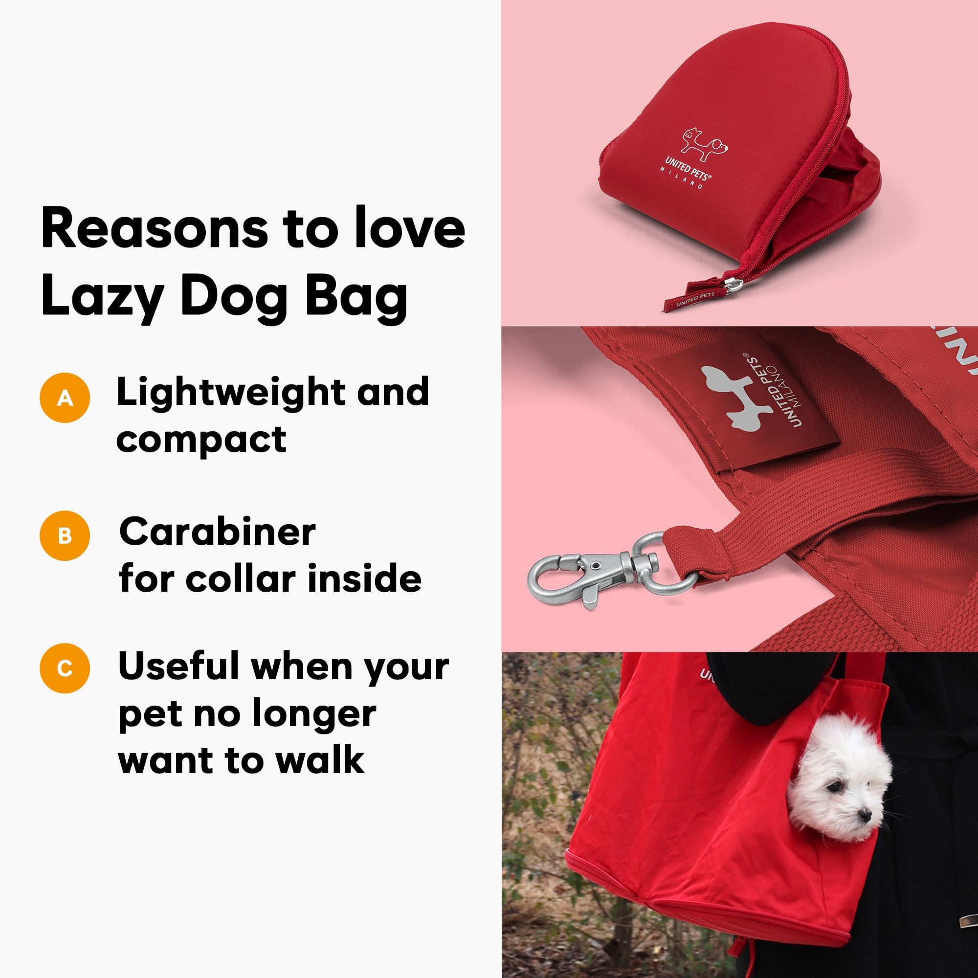 UNITED PETS Lazy Dog Borsa Trasportino per Cani Piccoli, Trasportino per Piccoli Animali Domestici, di Design, Leggera, Pieghevole, Rosso