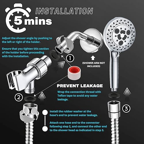 Miniatura 6 de Cabezal de ducha filtrado con mano, cabezales de ducha de alta presión con combo de pulverización de mano, filtros, manguera de ducha y soporte,