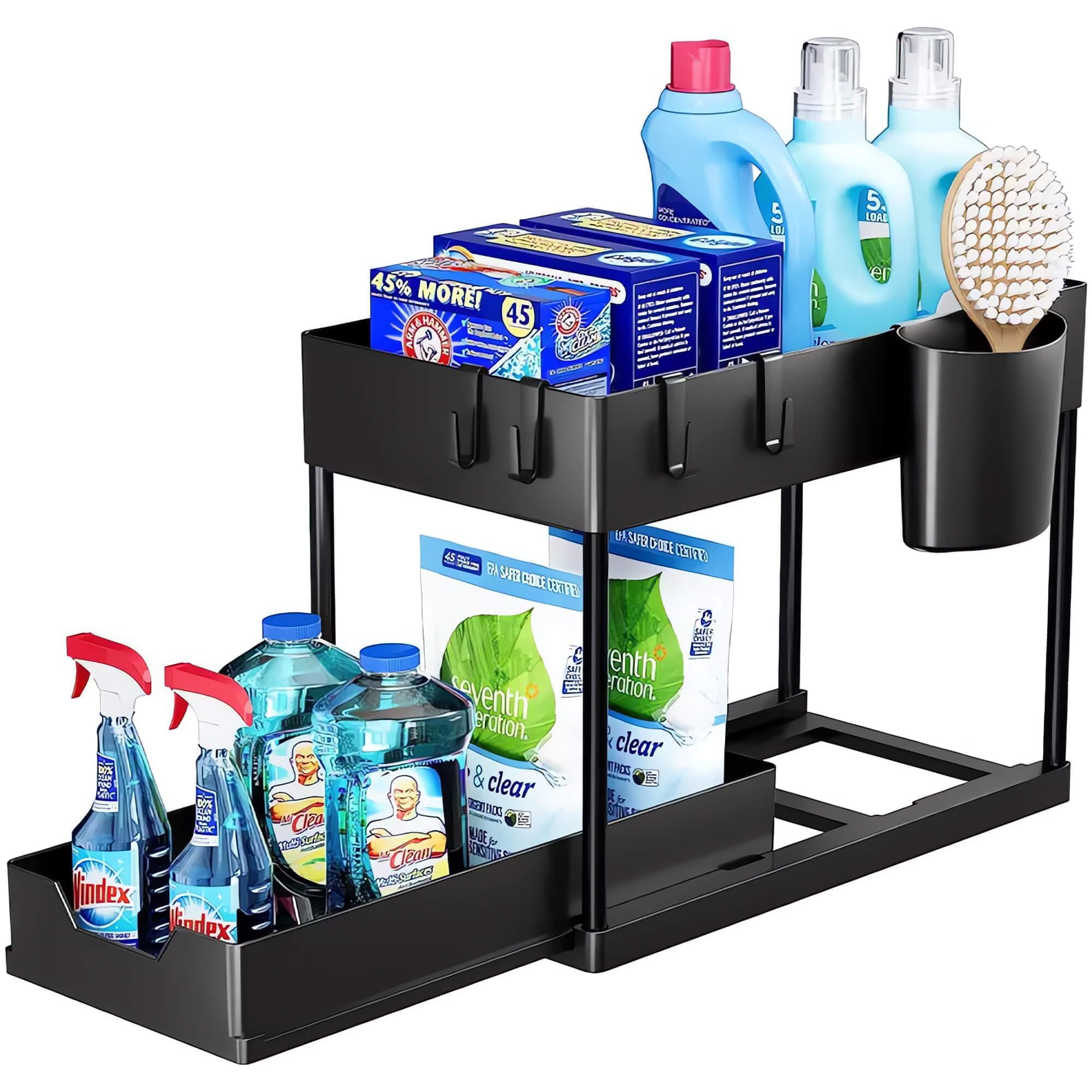 SupremoUnder Sink Organizer, 2 Tier Bathroom Cabinet Organizer with Sliding Basket, Multi-Purpose Under Sink Organizers and Storage for Bathroom Kitchen (4 Hooks)