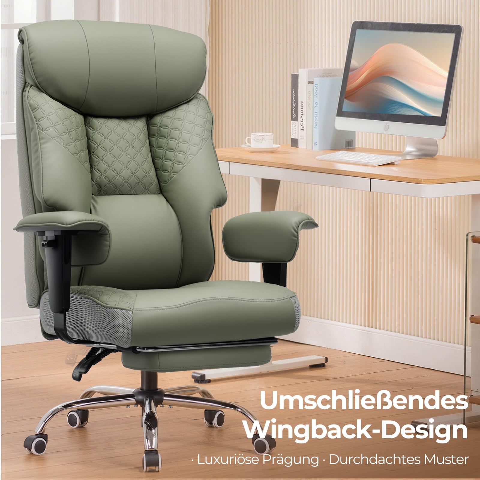 COMHOMA Gaming Stuhl für Große und Schwere Personen, ergonomischer Bürostuhl bis 180 kg, 3D Sitzkissen, verstellbar mit Fußstütze, PU-Leder, hoher Komfort für Büro & Gaming Grün