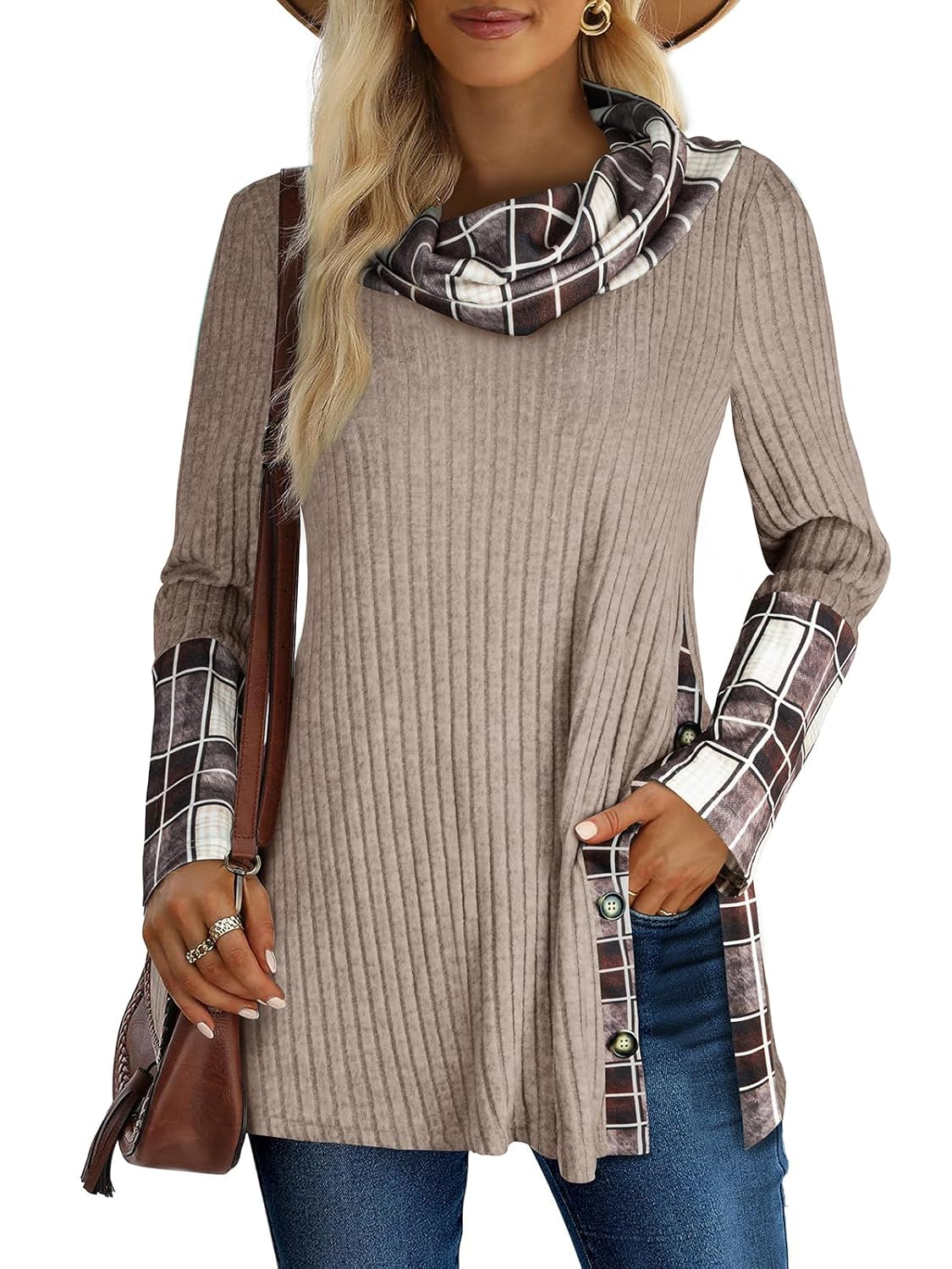 Miusey Womens Cowl Neck Tunic Sweaters Long Sleeve Shirts Lightweight Pullover Sweatshirts Side Split Tunic Tops