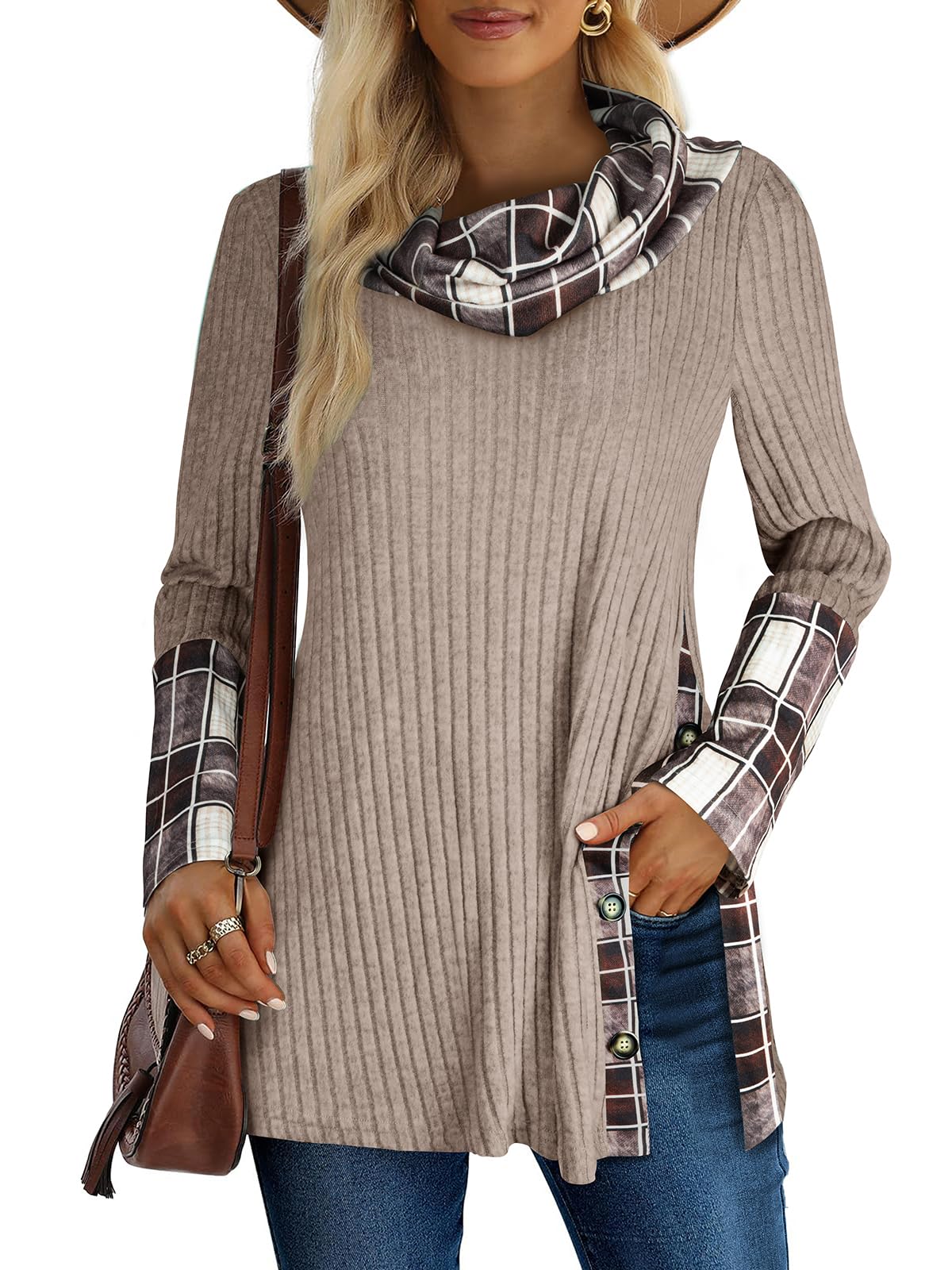 Miusey Womens Cowl Neck Tunic Sweaters Long Sleeve Shirts Lightweight Pullover Sweatshirts Side Split Tunic Tops