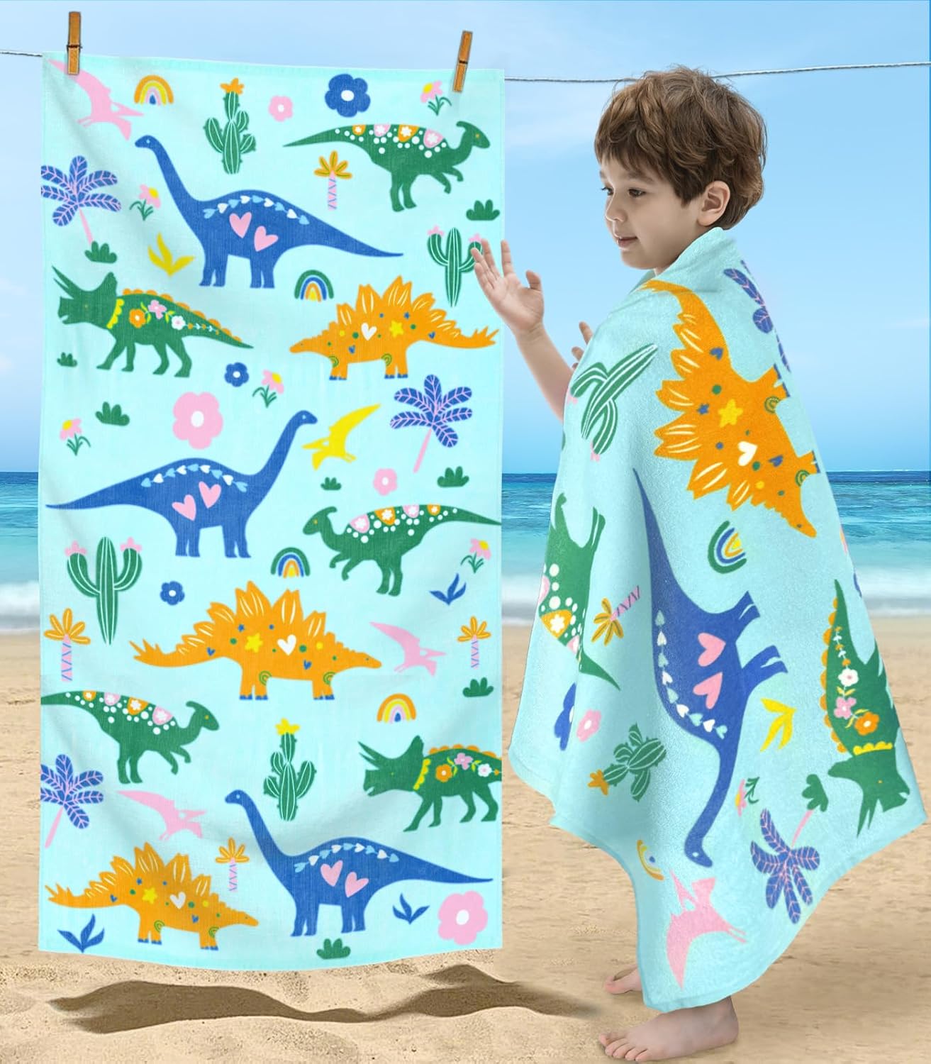 VOOVA & MOVAS Dinosaur Beach Towel for Kids, 28"X54",330GSM, Soft Absorbent Cotton Pool Towels for Boys, Ideal for Swim Ideal for Swim, Surf, Beach, Bathroom and Camping, Dino