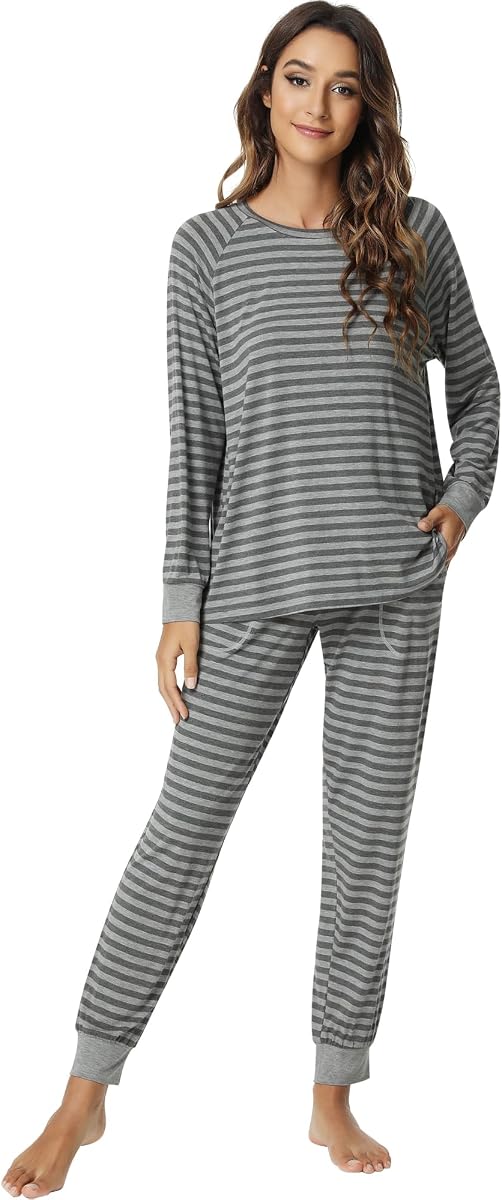 NACHILA Pijamas para mujer de viscosa hecha de bambú, conjuntos de pijama de manga larga, cuello redondo, pijama con pantalones deportivos, pijama suave de 2 piezas