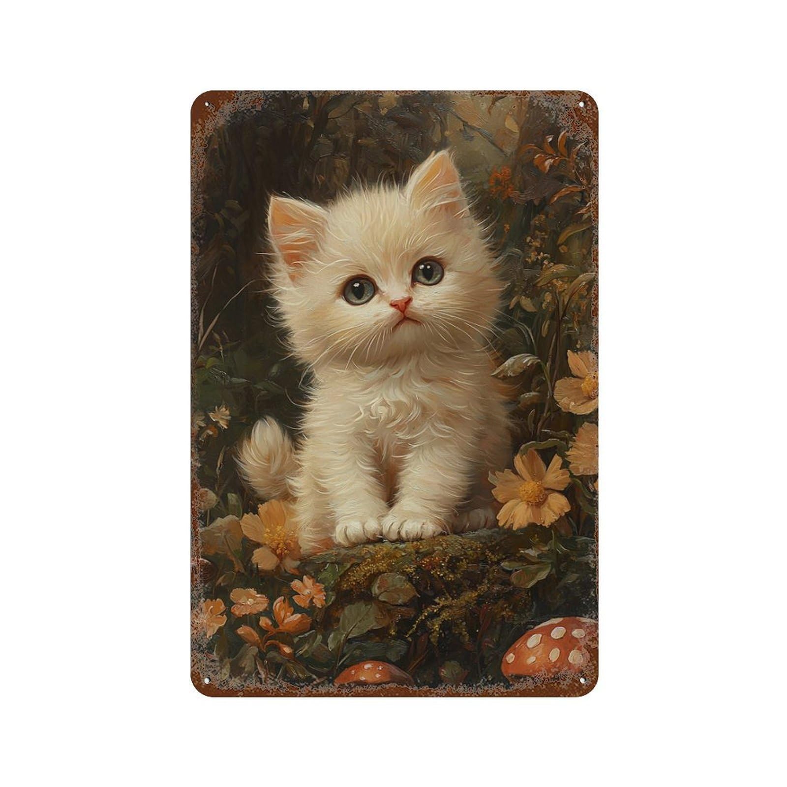 Vintage Metal Tin Sign with Whimsical Kitten in Flowers Design 11.8"x7.9", for Patio, Garden Room And Bar Decor, Novelty Wall Decor