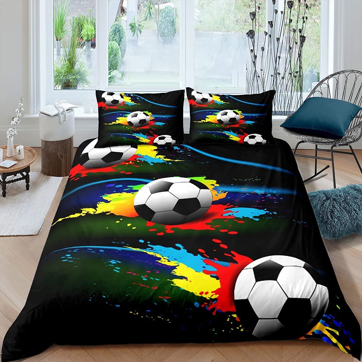 Homemissing Football Bedding Set Sports Theme Comforter Cover for Kids Teens Soccer Ball Pattern Duvet Cover Competitive Games Bedspread Room Decor Colorful 3Pcs King
