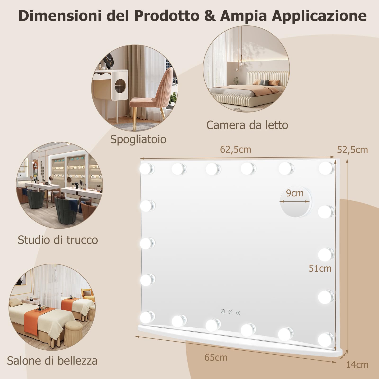 GYMAX Specchio Trucco con Luci, 18 Led, 65 x 52,5 cm, Specchio da Parete/Tavolo con 3 Modalità Luce, 4 Luminosità Regolabile,Specchio con Luci Make Up