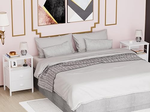 Miniatura 5 de Furologee Juego de 2 mesitas de noche, mesa auxiliar con 2 cajones de tela, mesita de noche con 2 ganchos, estante de madera abierta para