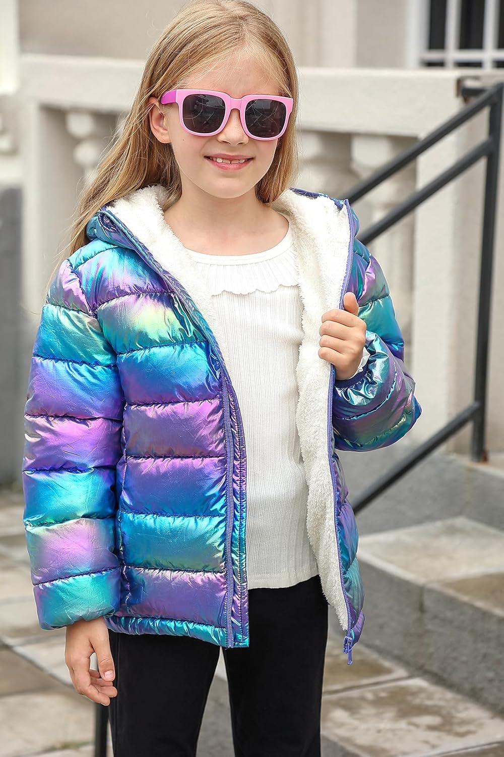 Lovekider 4-12 Years Girls Metallic Shine Hooded Puffer Jacket Packable Warmth Padded Winter Coat - Image 5