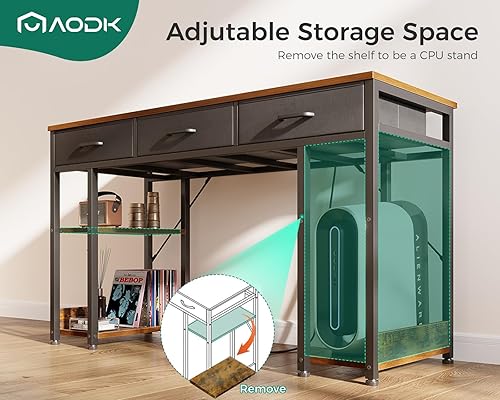 Miniatura 6 de AODK Escritorio de oficina de 55 pulgadas con cajones de tela y tomas de corriente, escritorio para computadora con estantes de almacenamiento y