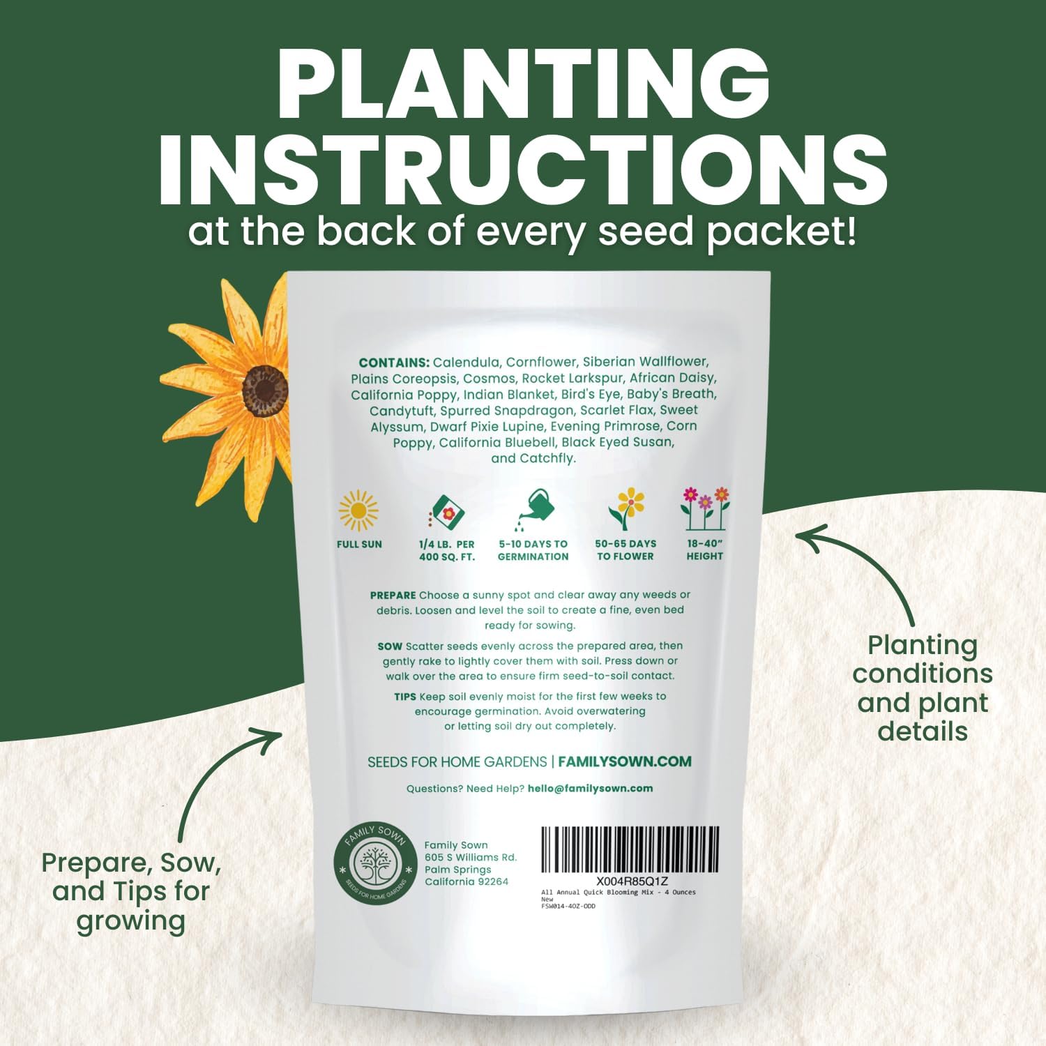All Annual Quick Blooming Mix - 67,000 Flower Seeds for Planting - Wildflower Mix - Large 4 Ounce Packet