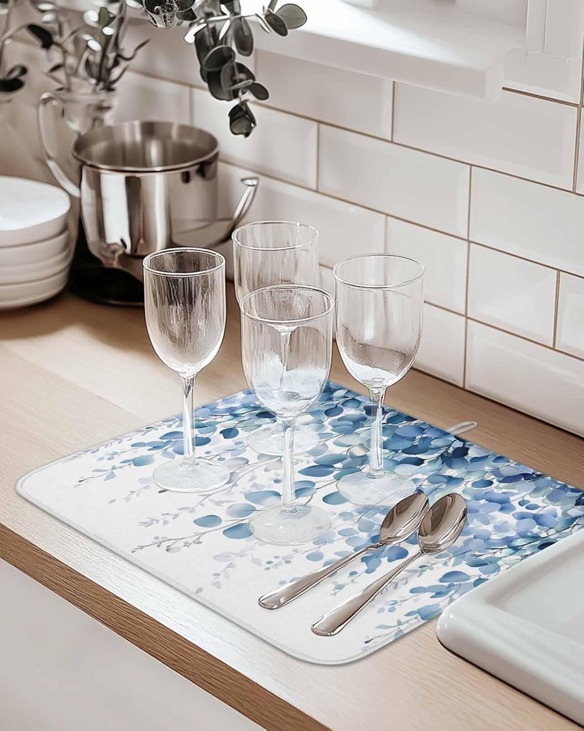 Summer Blue Eucalyptus Leaves Dish Drying Mats for Kitchen Counter,Absorbent Microfiber Dish Drainer Rack Mat Fallen Leaves on White Drying Pad for Sinks,Utensils,Countertops,18x24in