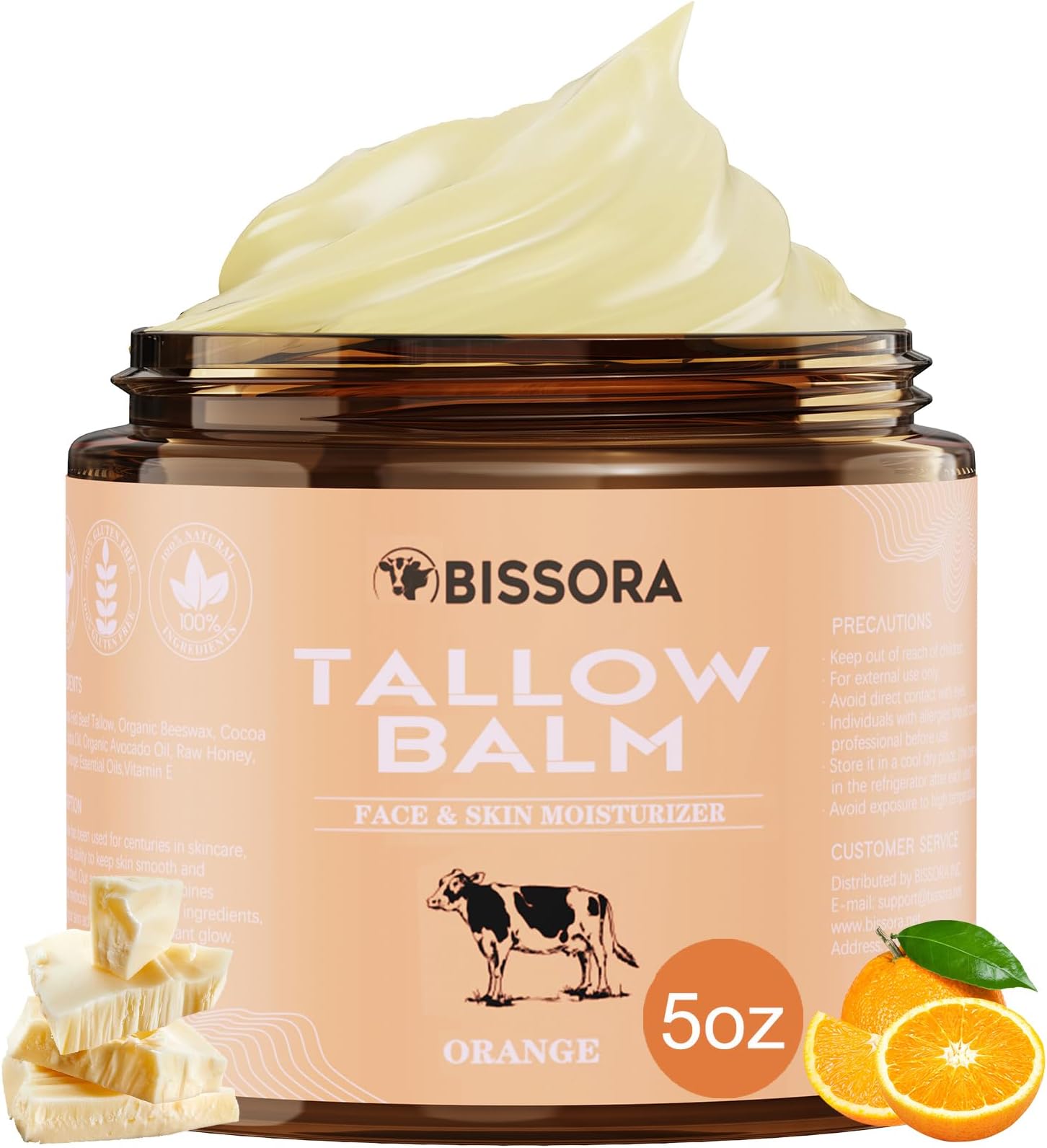 Beef Tallow for Skin, Organic Grass-Fed Beef Tallow Balm with Raw Honey & Jojoba Oil - Whipped Moisturizer for Face & Body - All-Natural Skin Care for Soft, Hydrated Skin (5 OZ, Orange)